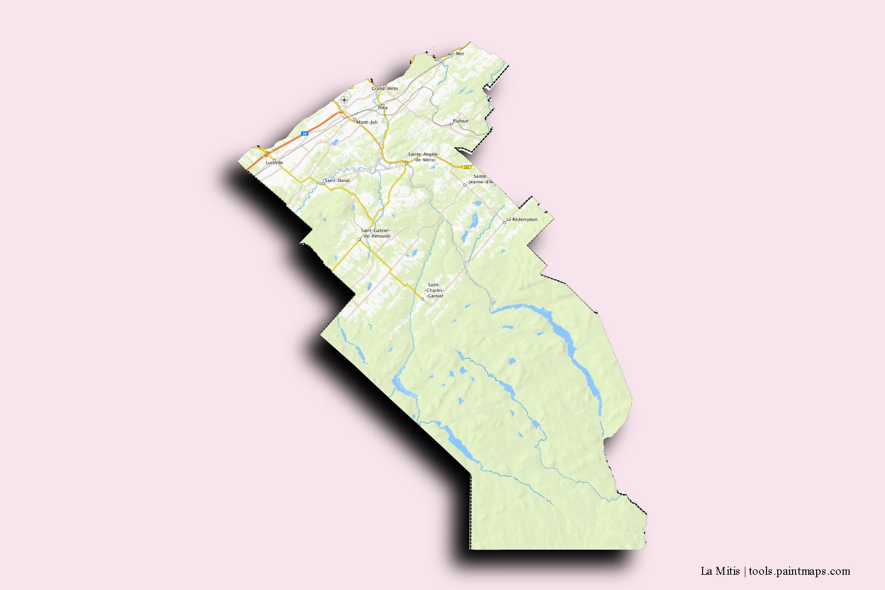 Mapa de barrios y pueblos de La Mitis con efecto de sombra 3D