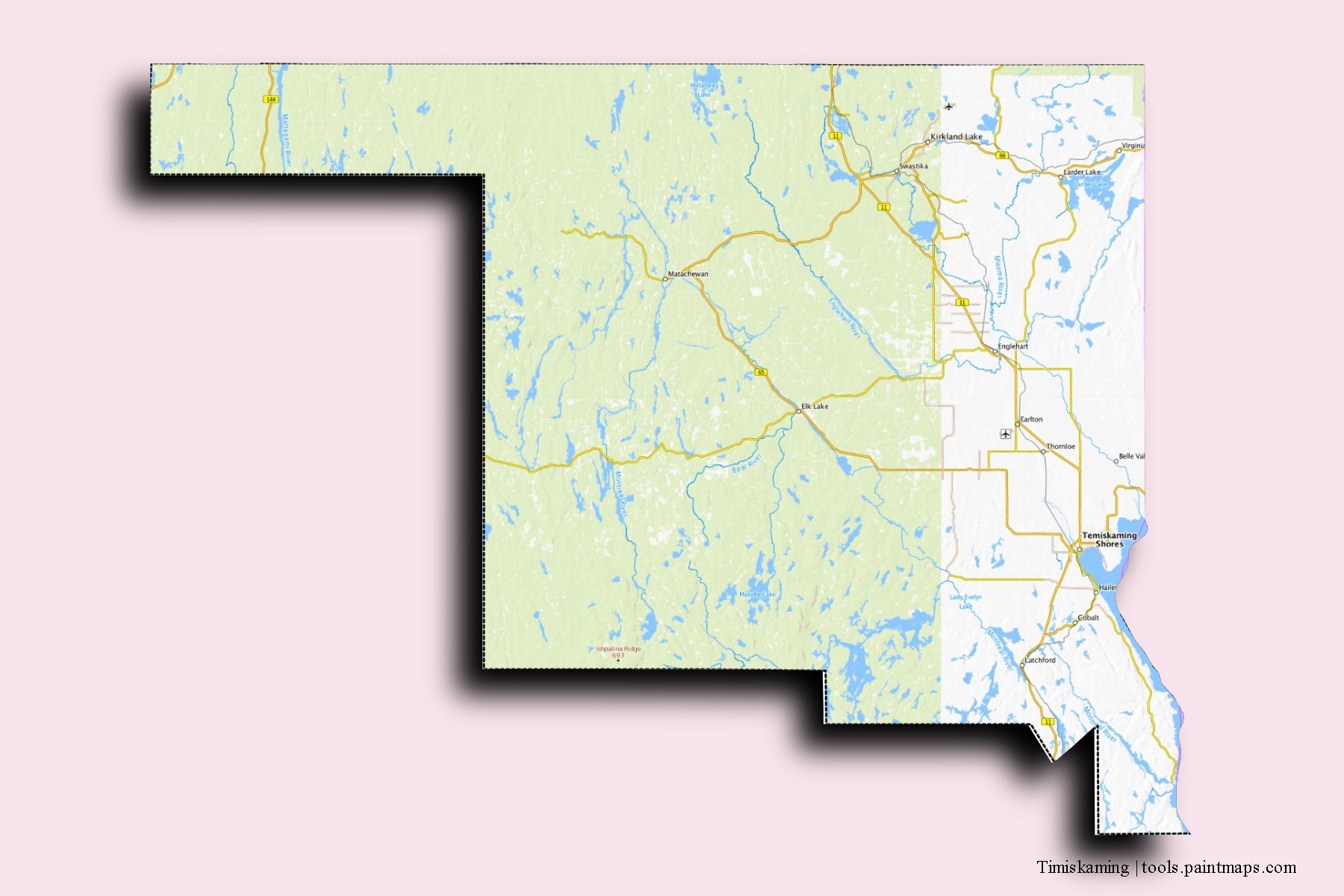 Timiskaming neighborhoods and villages map with 3D shadow effect