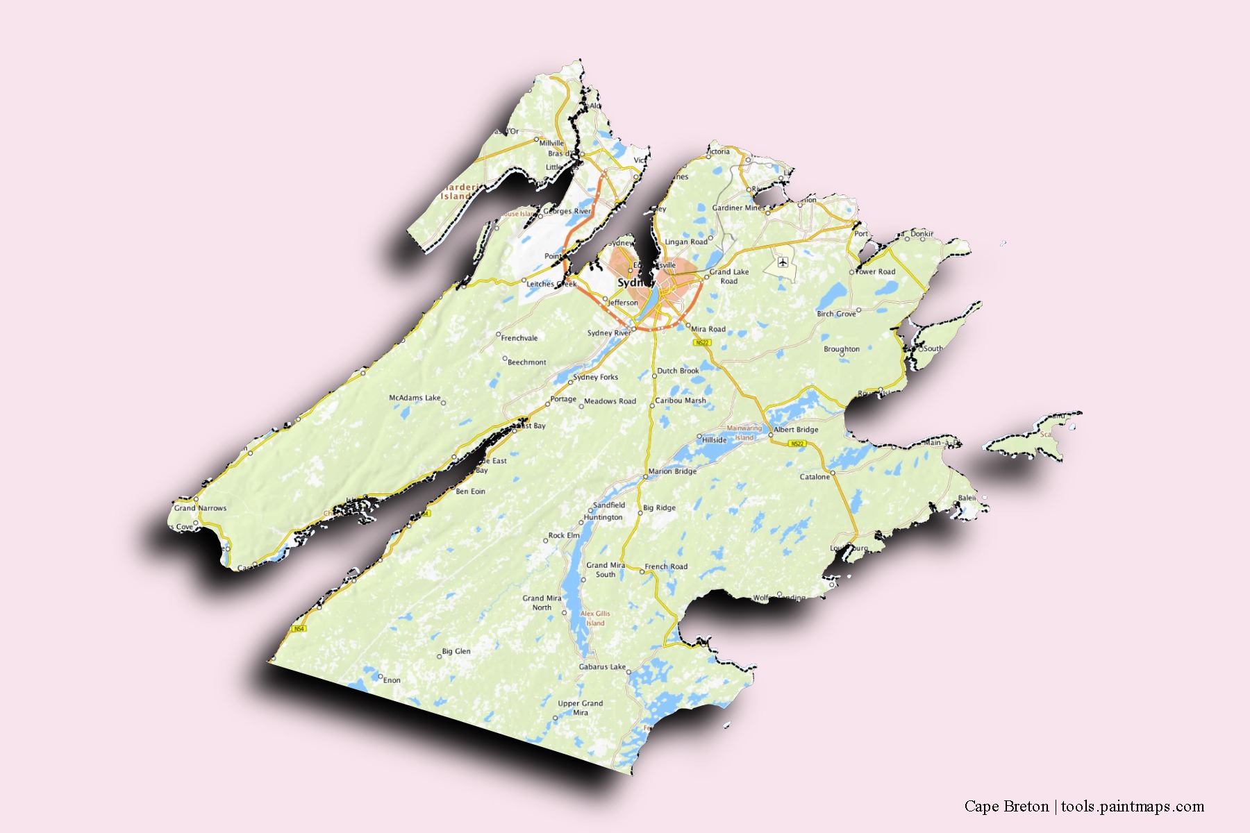 Mapa de barrios y pueblos de Cape Breton con efecto de sombra 3D