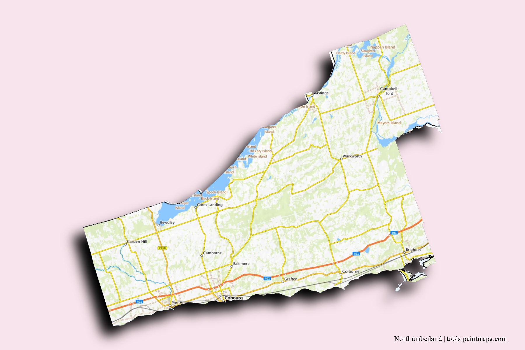 Mapa de barrios y pueblos de Northumberland con efecto de sombra 3D