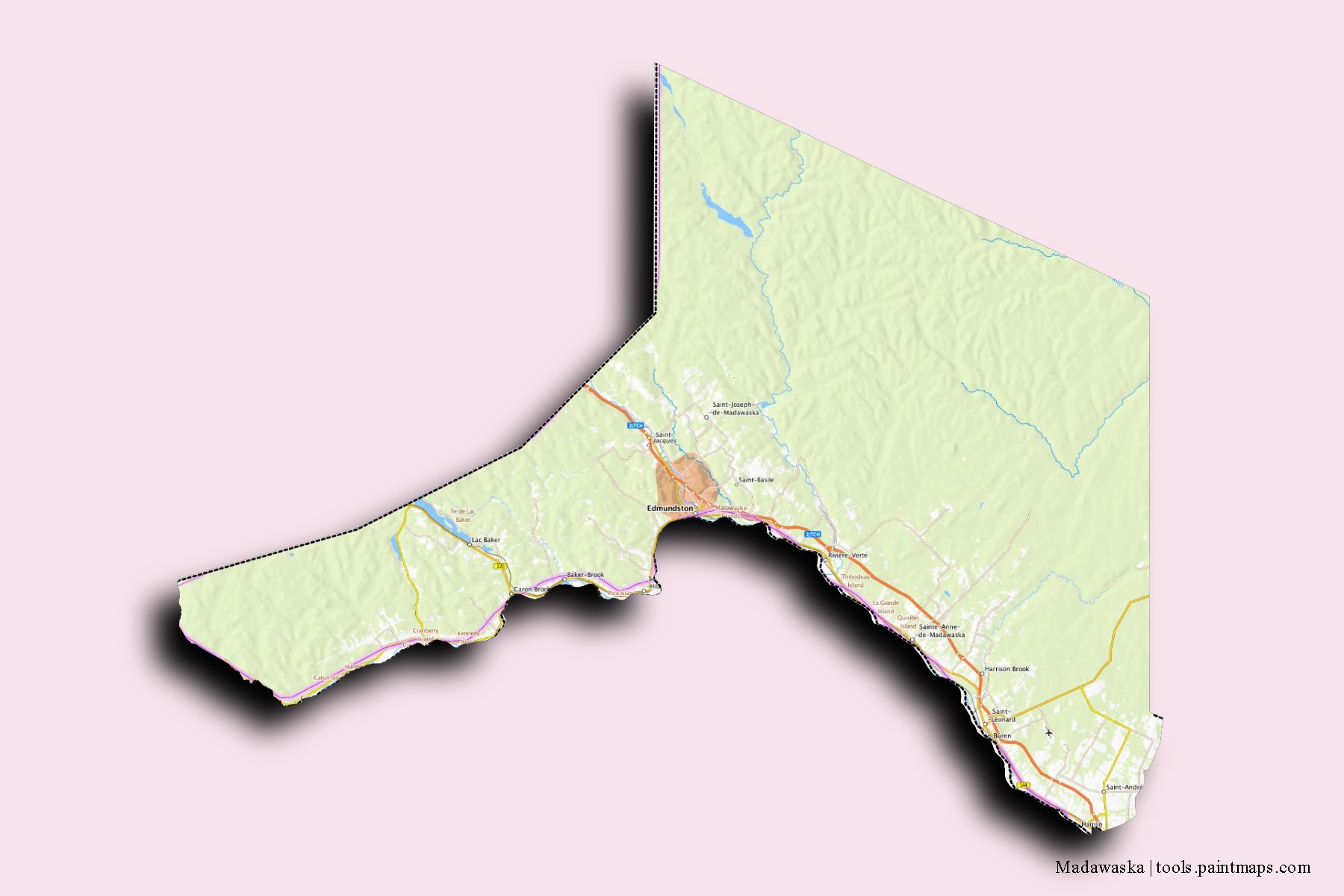 Mapa de barrios y pueblos de Madawaska con efecto de sombra 3D