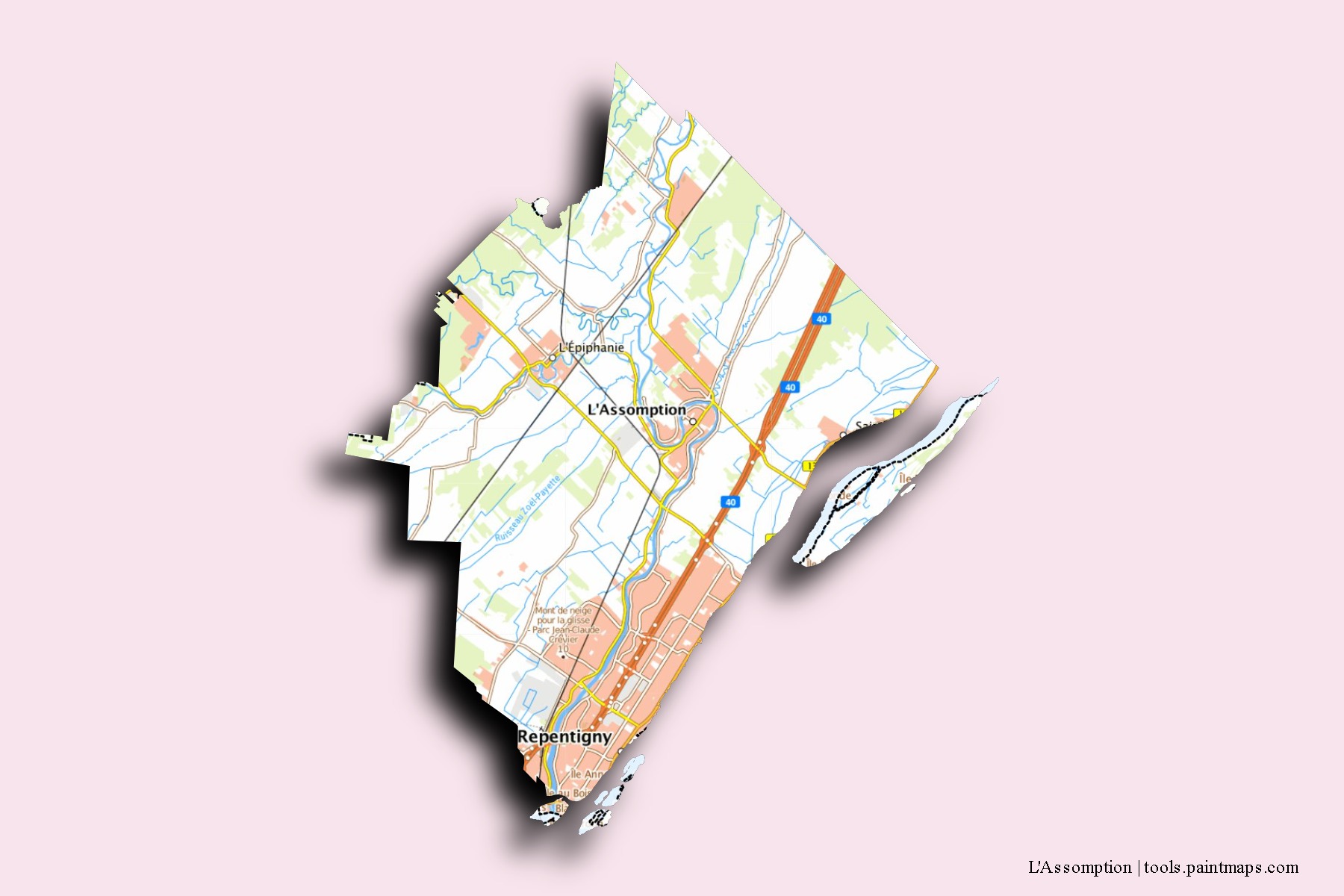 Mapa de barrios y pueblos de L'Assomption con efecto de sombra 3D