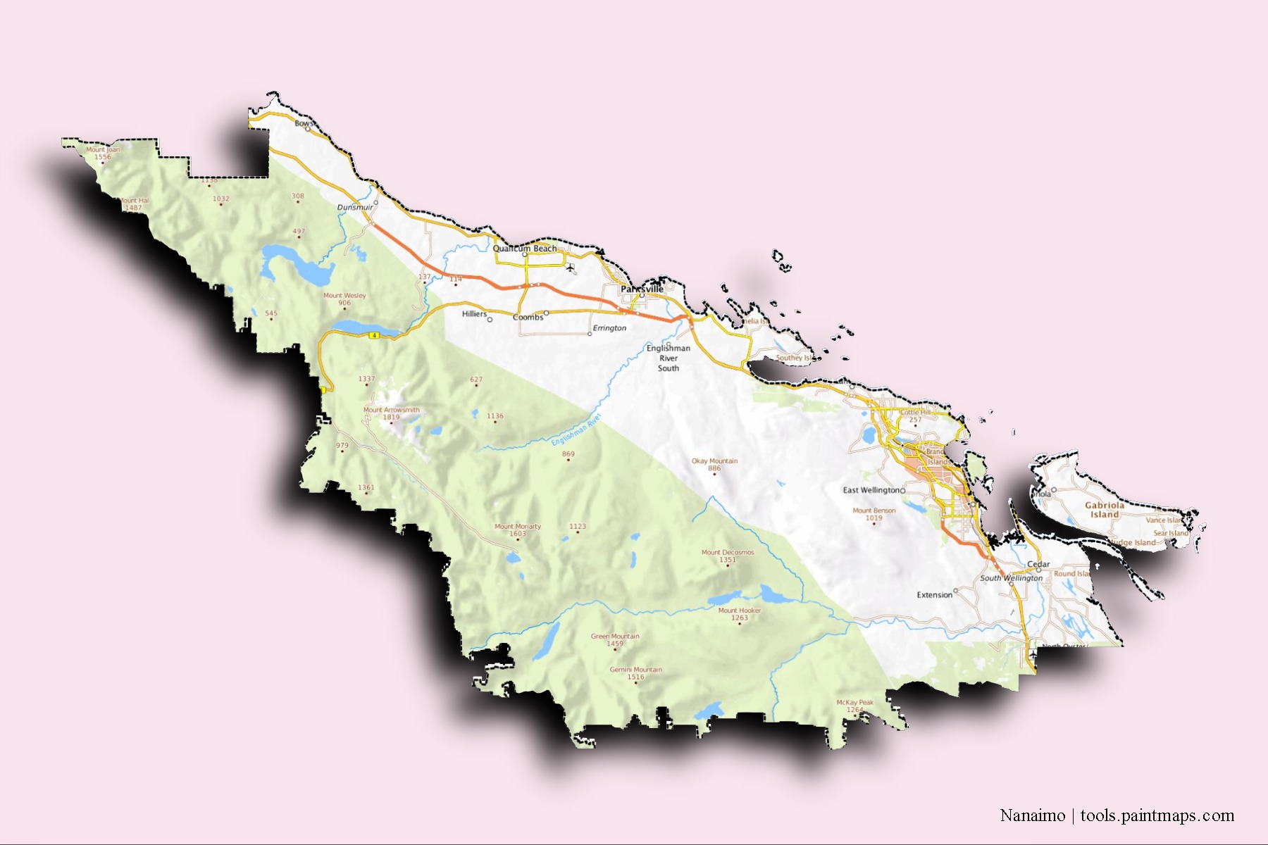 Mapa de barrios y pueblos de Nanaimo con efecto de sombra 3D