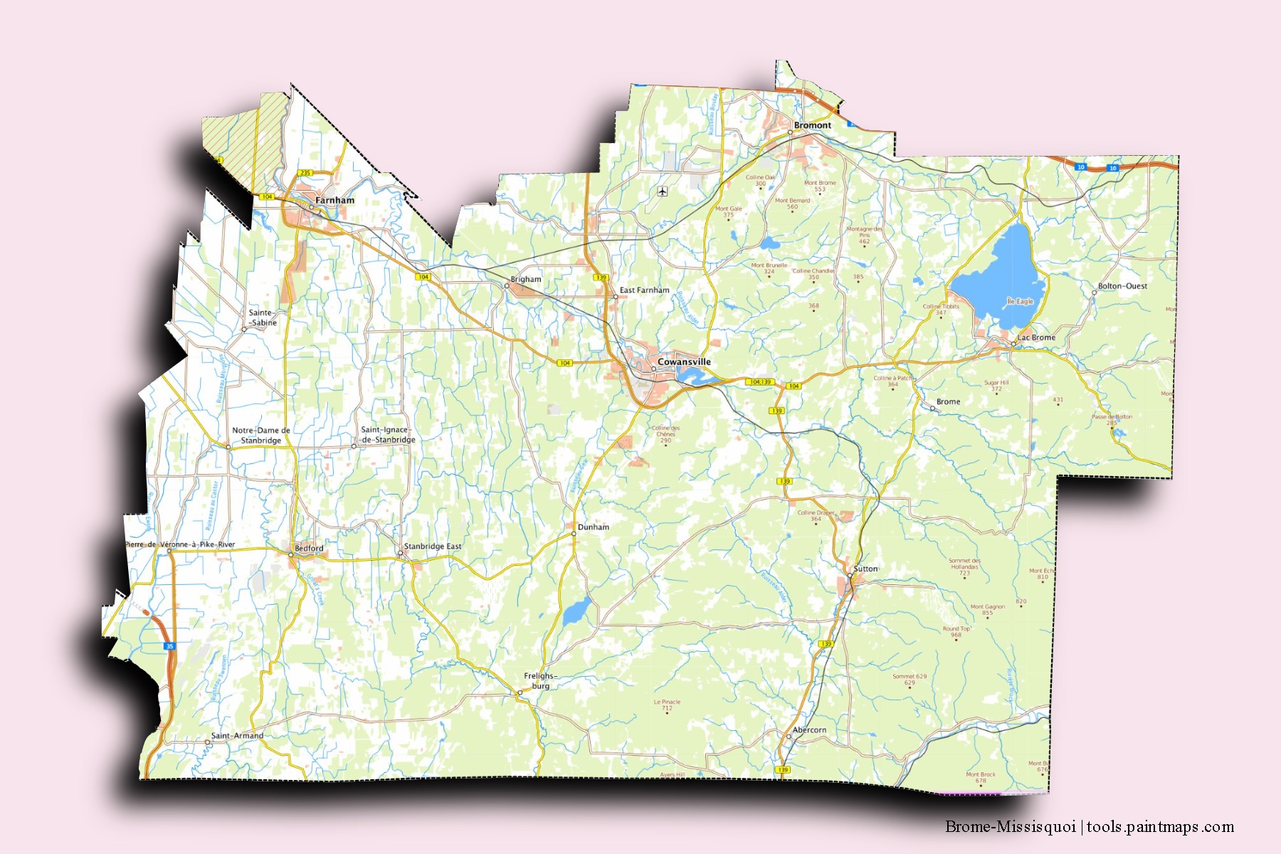 Mapa de barrios y pueblos de Brome-Missisquoi con efecto de sombra 3D