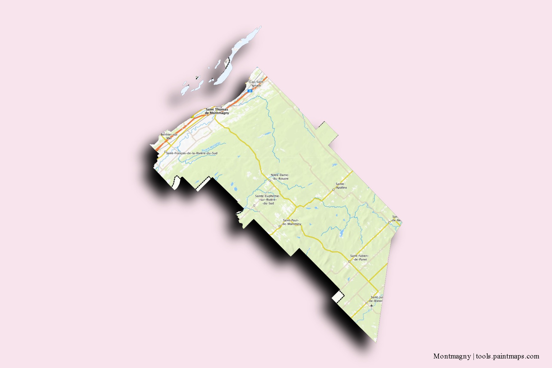 Mapa de barrios y pueblos de Montmagny con efecto de sombra 3D