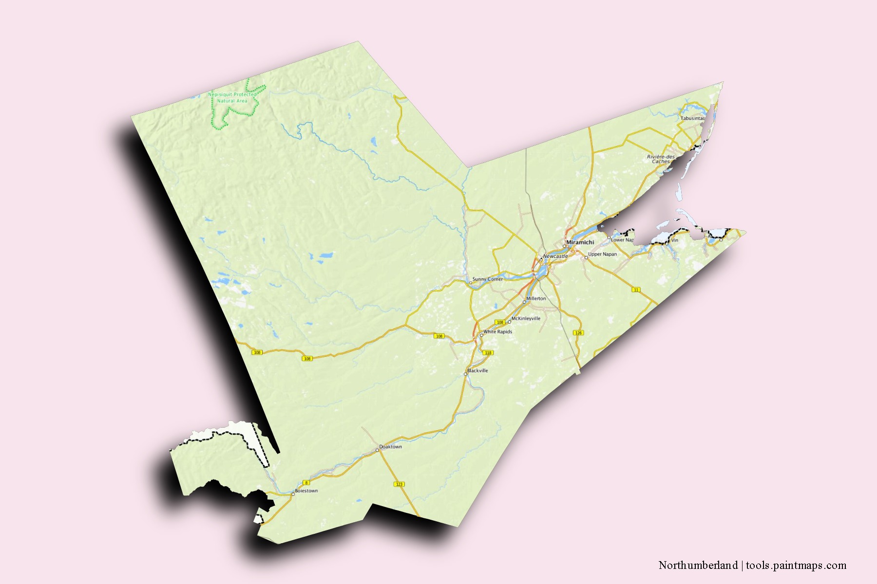 Mapa de barrios y pueblos de Northumberland con efecto de sombra 3D