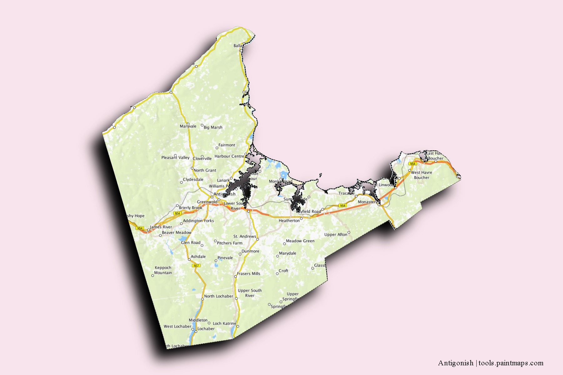 Mapa de barrios y pueblos de Antigonish con efecto de sombra 3D