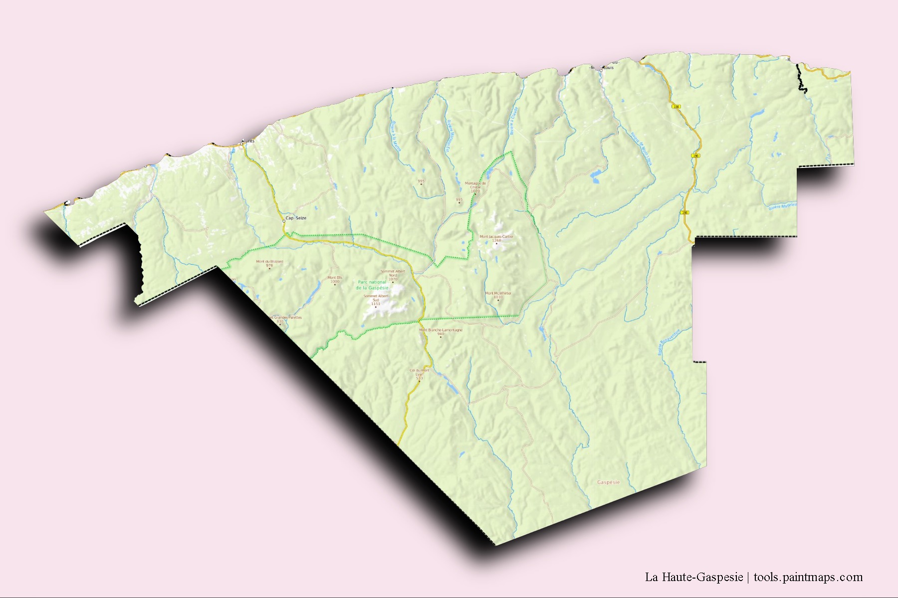 Mapa de barrios y pueblos de La Haute-Gaspesie con efecto de sombra 3D