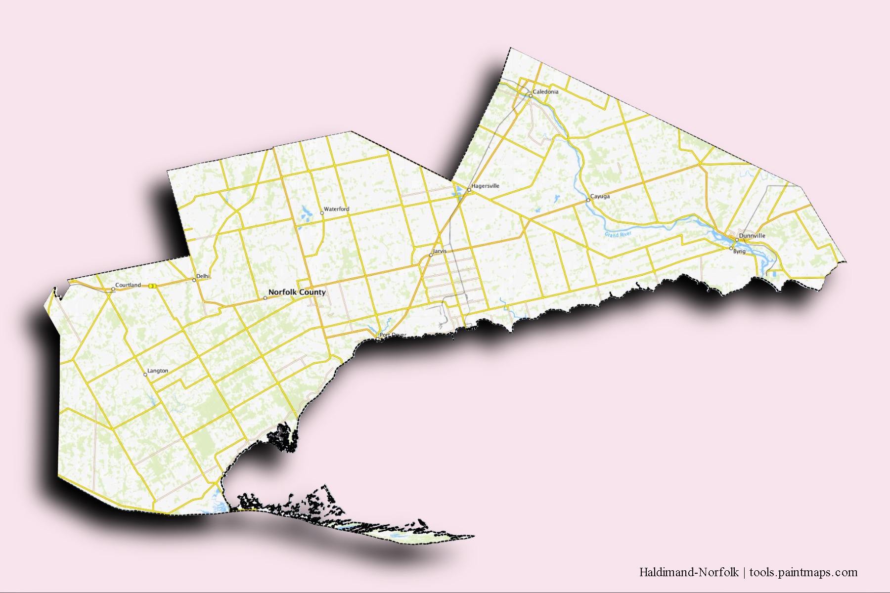 Haldimand-Norfolk neighborhoods and villages map with 3D shadow effect