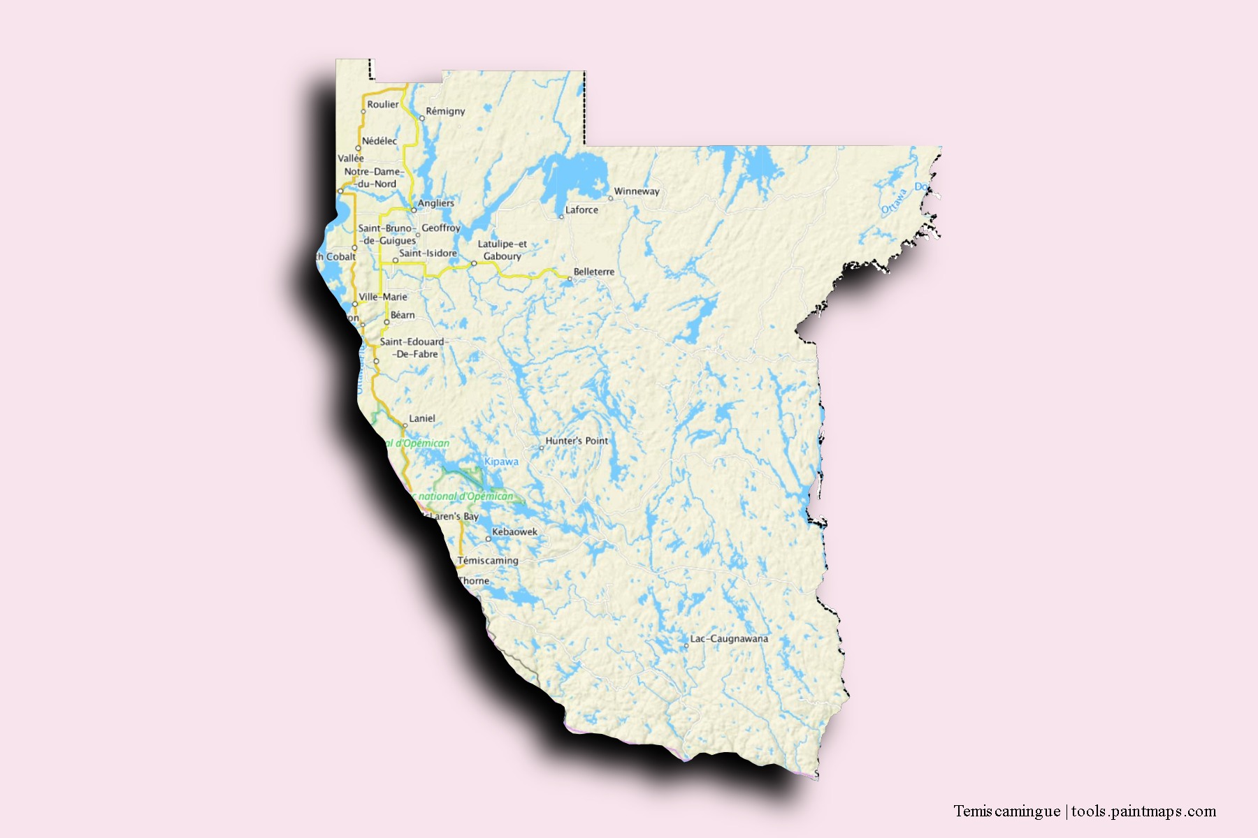 Mapa de barrios y pueblos de Temiscamingue con efecto de sombra 3D