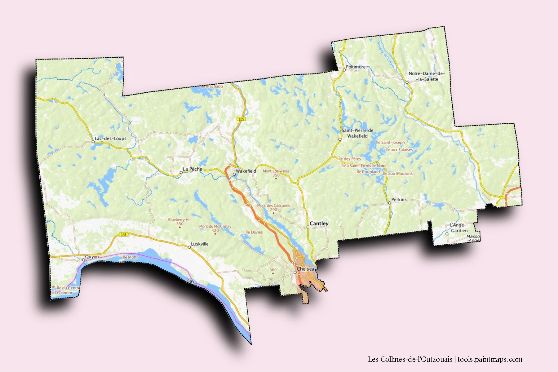 3D gölge efektli Les Collines-de-l'Outaouais mahalleleri ve köyleri haritası