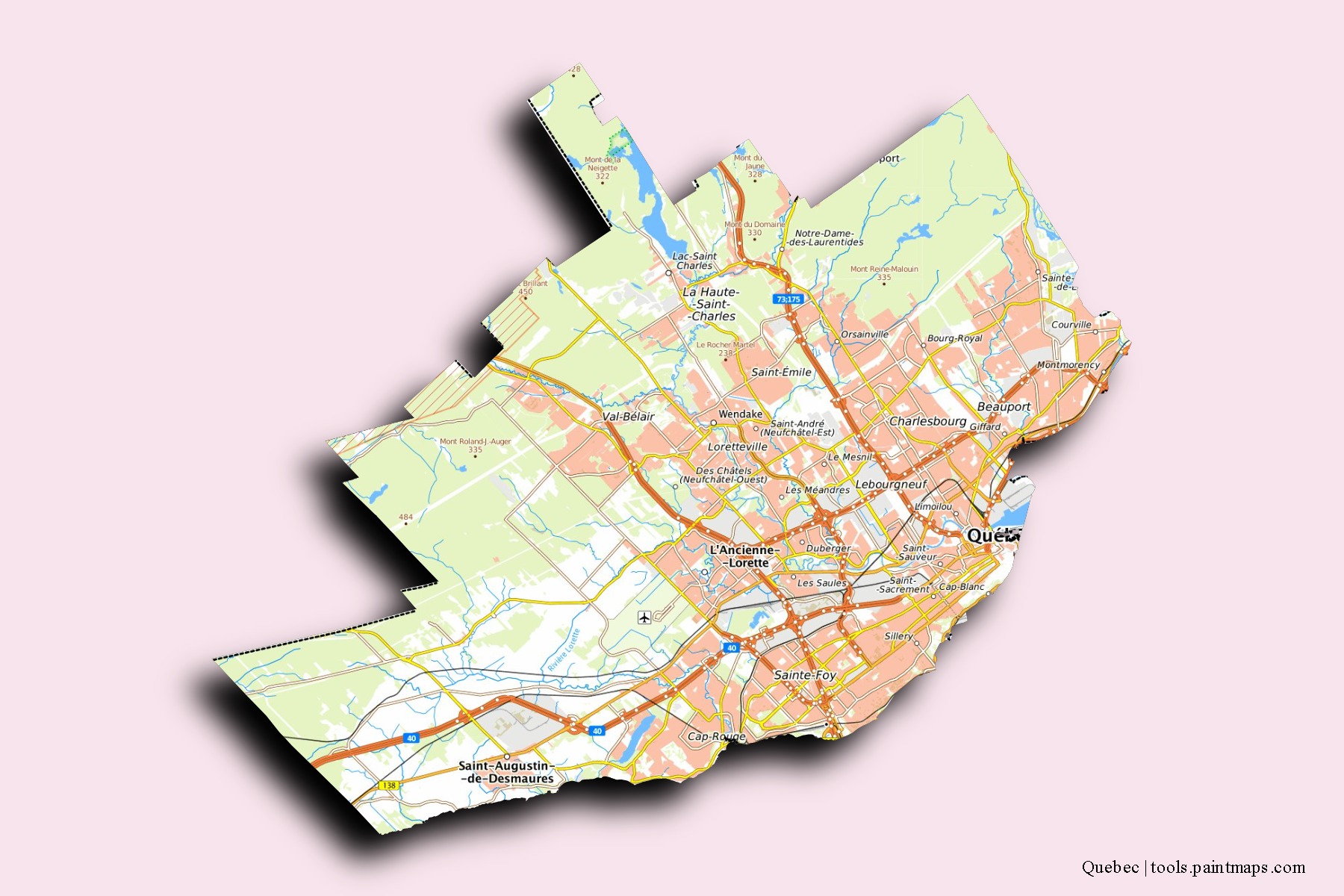 Mapa de barrios y pueblos de Quebec con efecto de sombra 3D