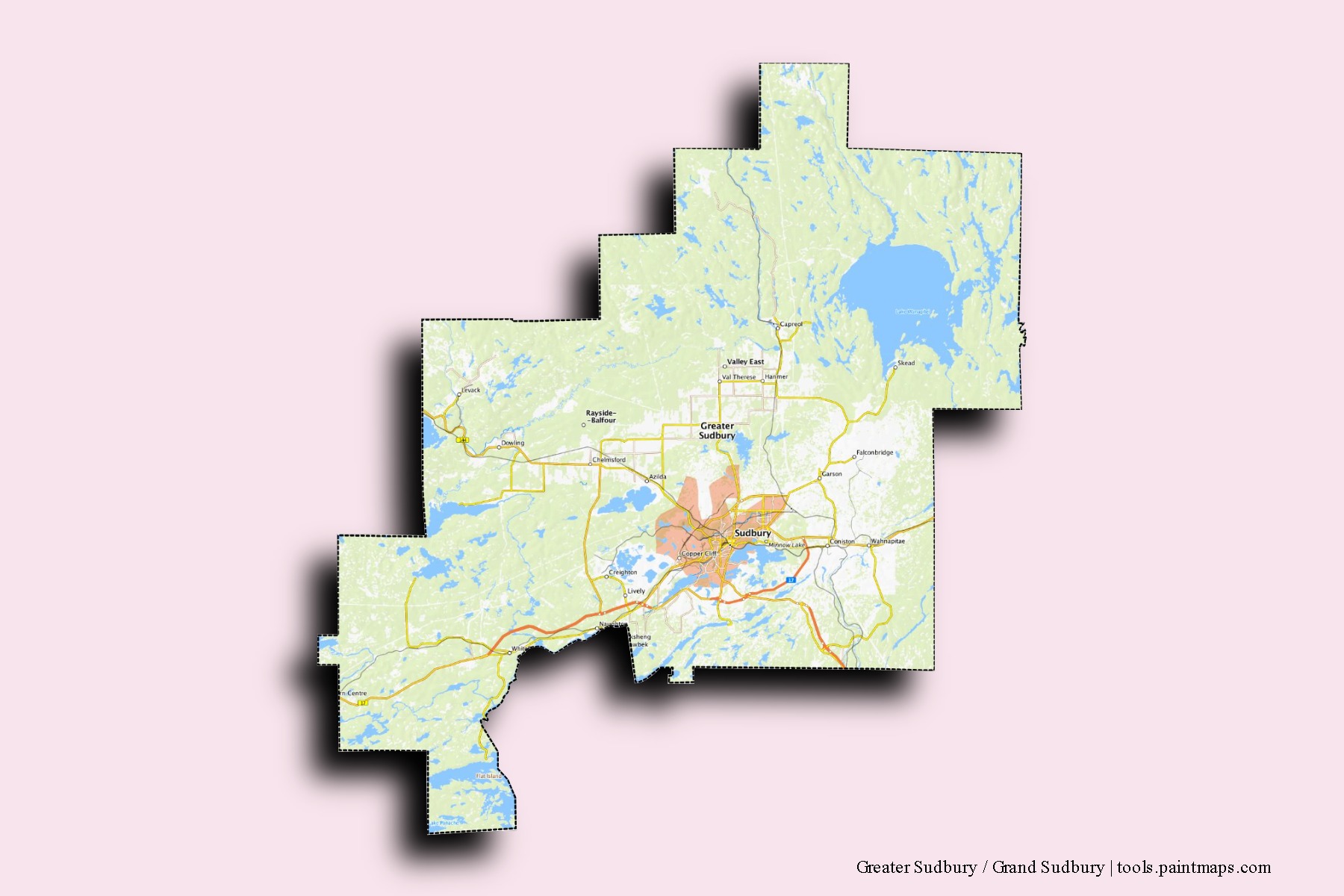 Greater Sudbury / Grand Sudbury neighborhoods and villages map with 3D shadow effect