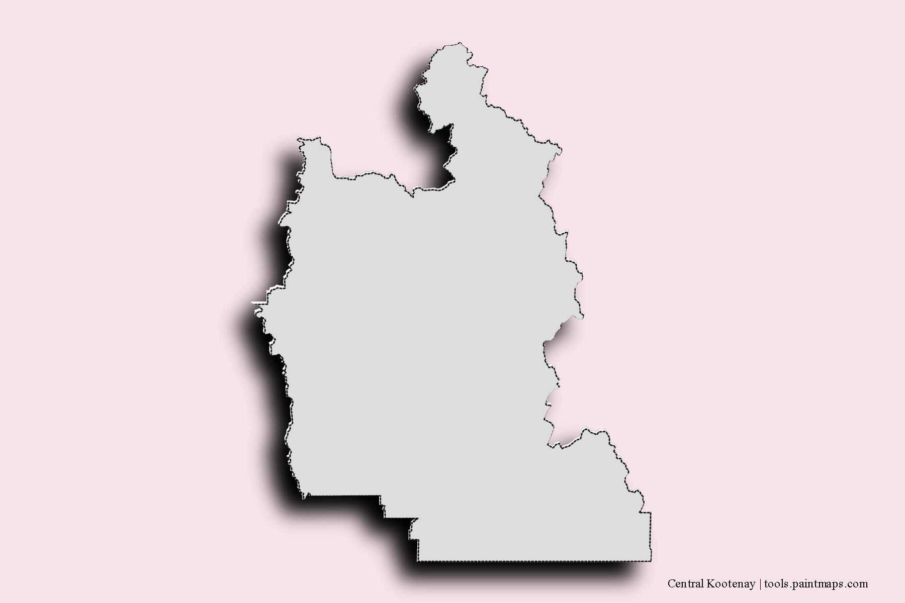 Mapa de barrios y pueblos de Central Kootenay con efecto de sombra 3D