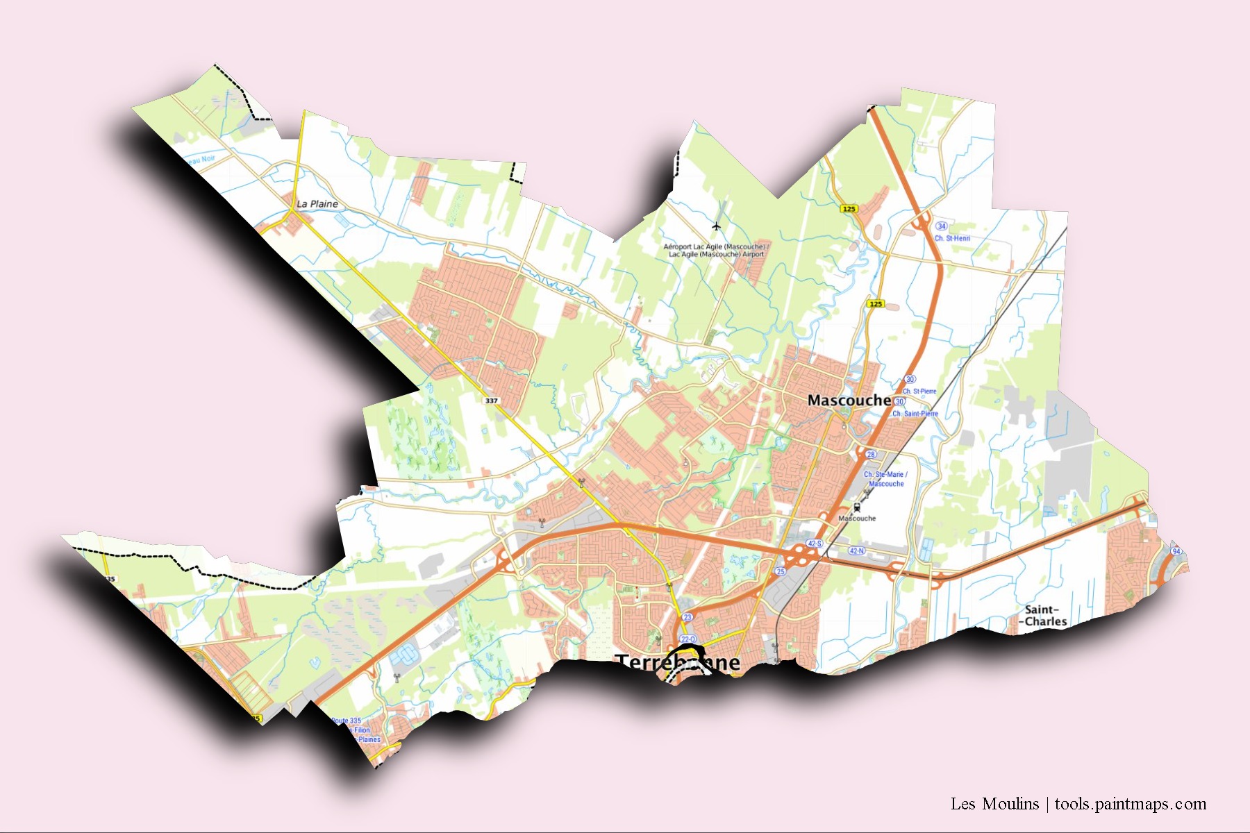 Mapa de barrios y pueblos de Les Moulins con efecto de sombra 3D