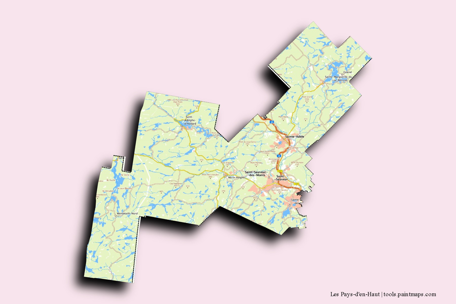 Mapa de barrios y pueblos de Les Pays-d'en-Haut con efecto de sombra 3D