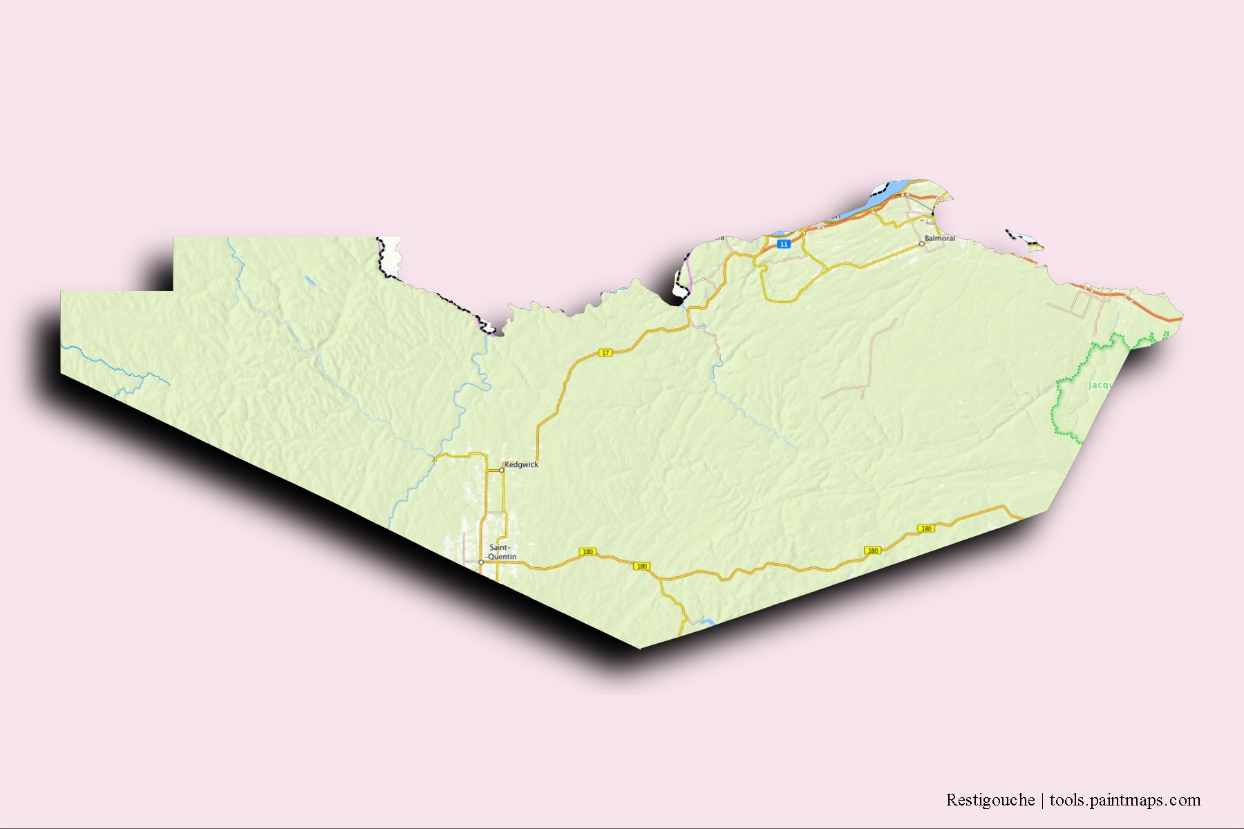 Restigouche neighborhoods and villages map with 3D shadow effect