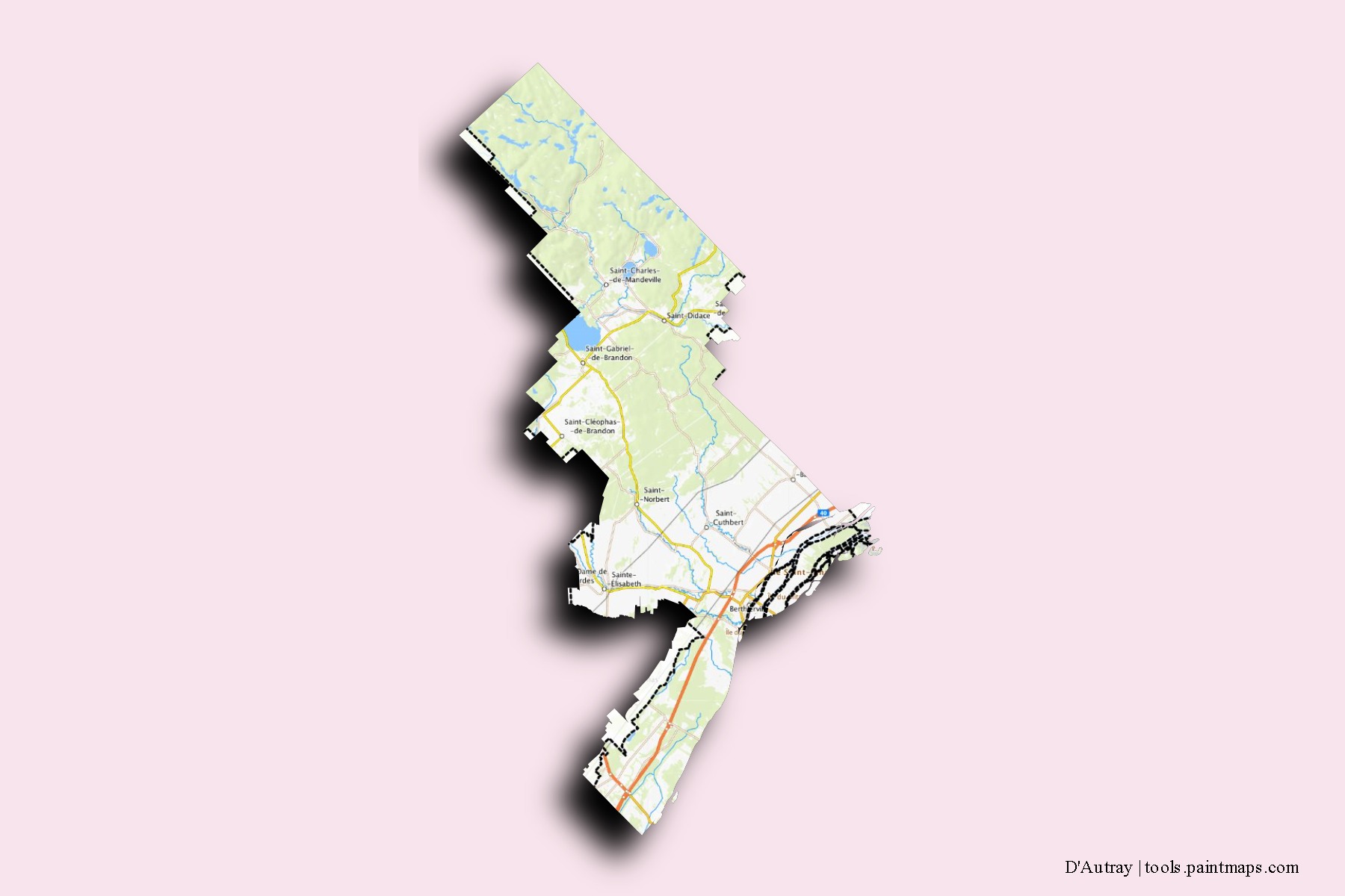 Mapa de barrios y pueblos de D'Autray con efecto de sombra 3D