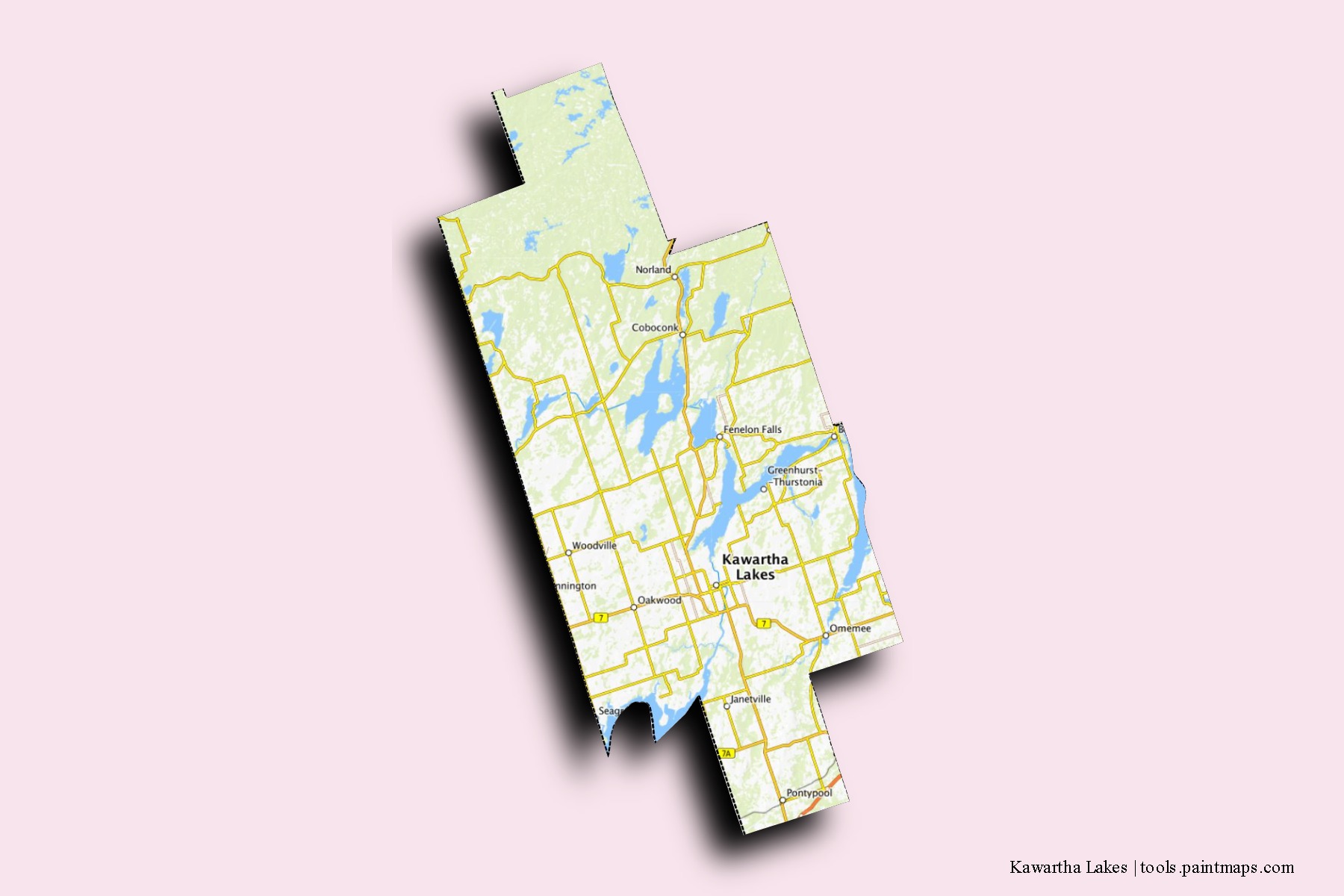 Kawartha Lakes neighborhoods and villages map with 3D shadow effect