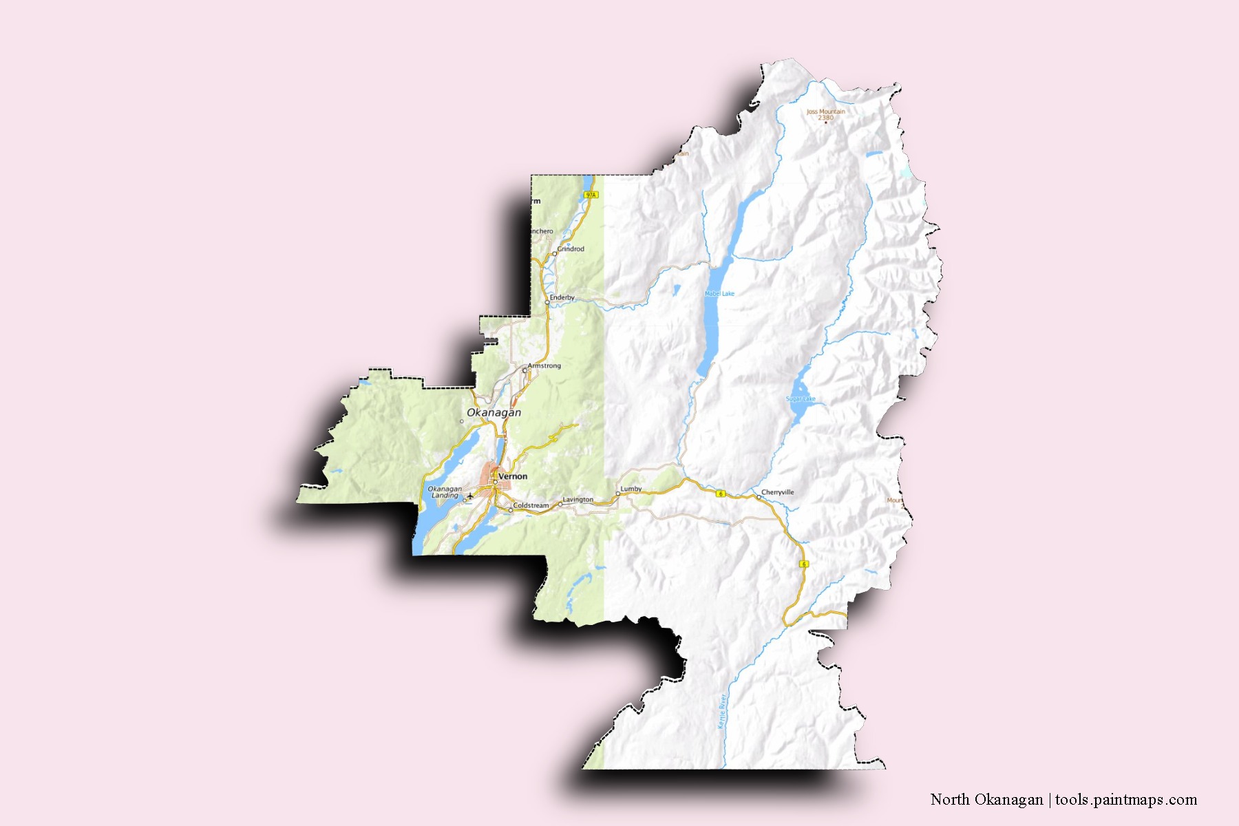 Mapa de barrios y pueblos de North Okanagan con efecto de sombra 3D