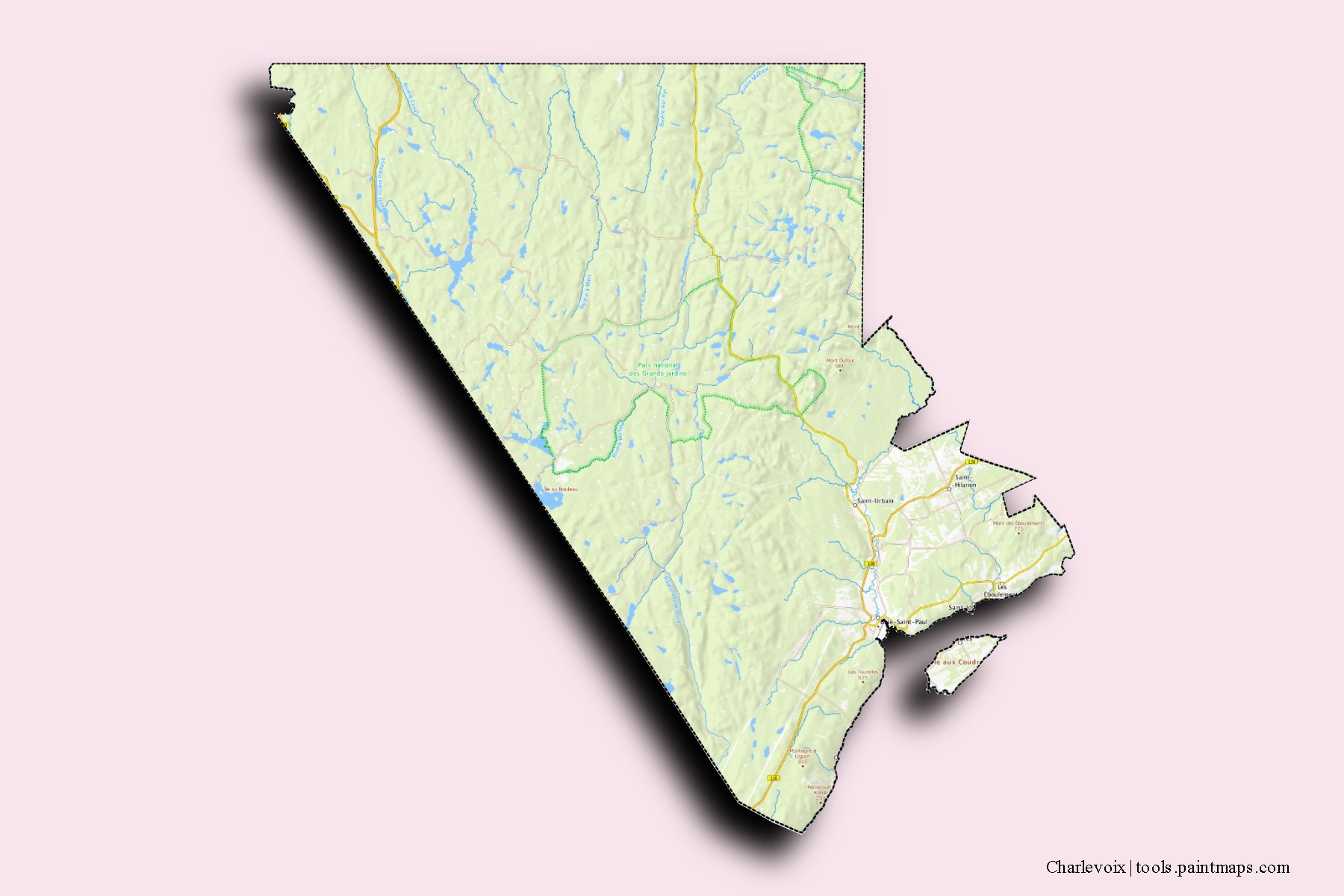 Mapa de barrios y pueblos de Charlevoix con efecto de sombra 3D