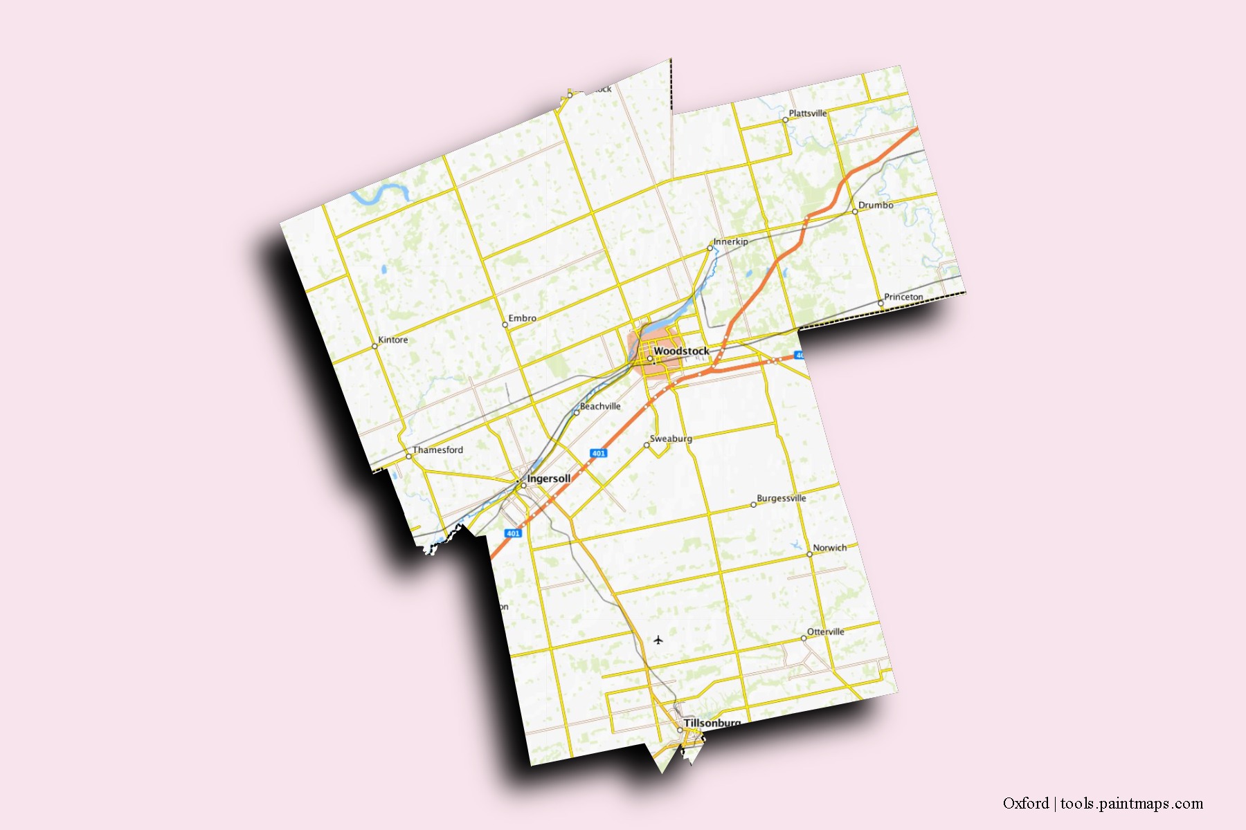 Mapa de barrios y pueblos de Oxford con efecto de sombra 3D