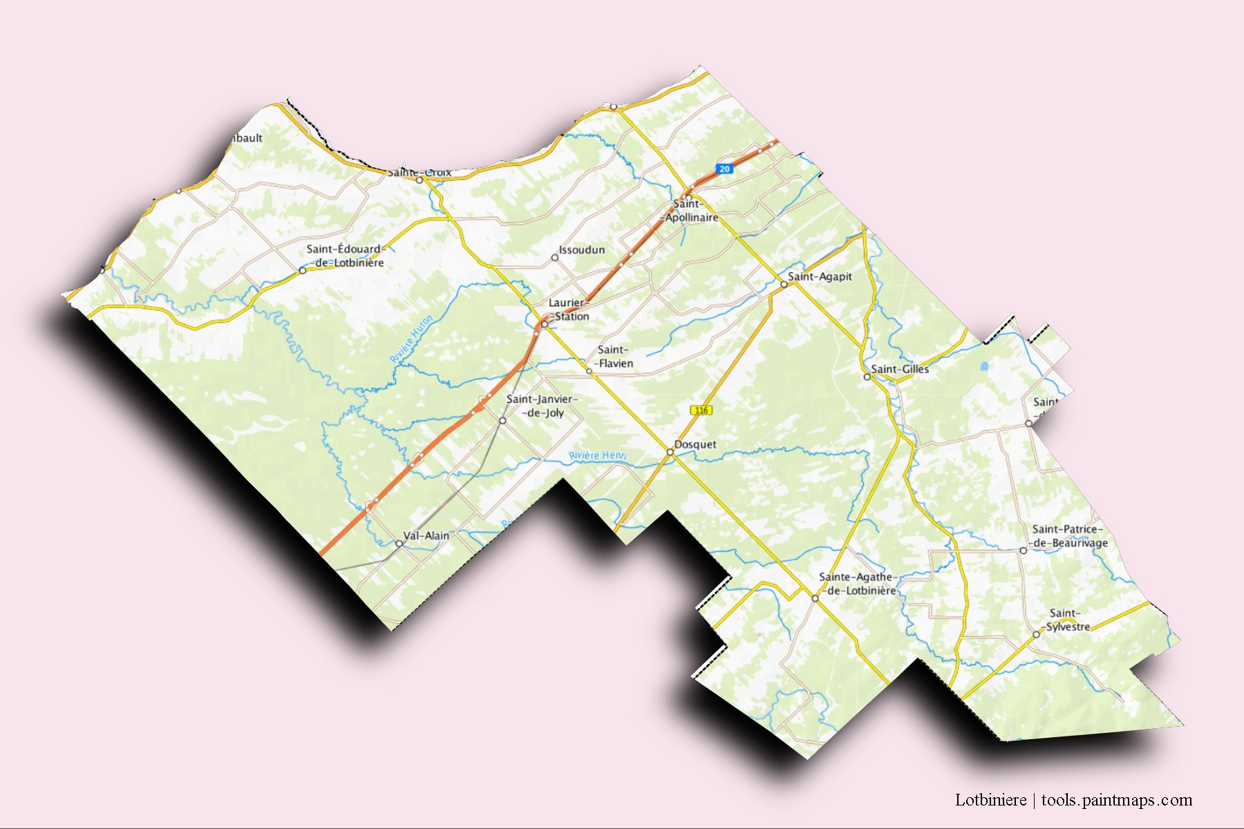 Mapa de barrios y pueblos de Lotbiniere con efecto de sombra 3D