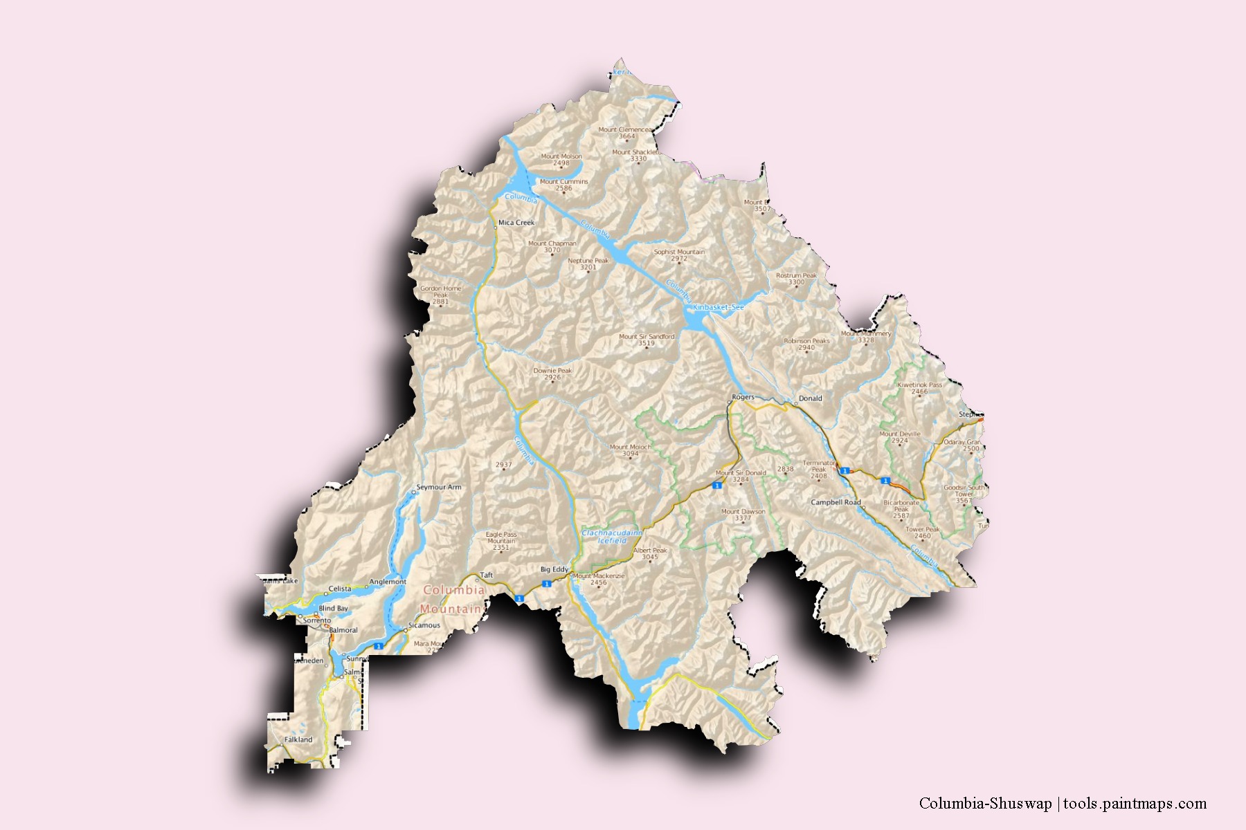 Mapa de barrios y pueblos de Columbia-Shuswap con efecto de sombra 3D