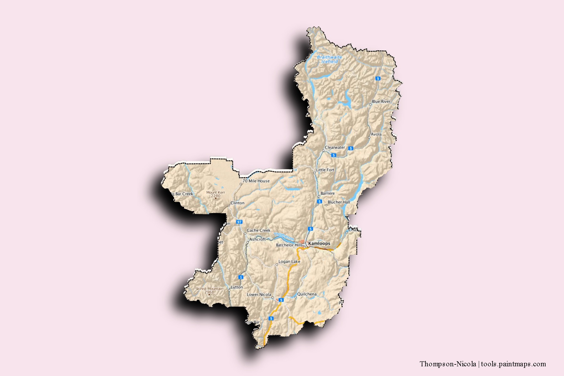 Thompson-Nicola neighborhoods and villages map with 3D shadow effect