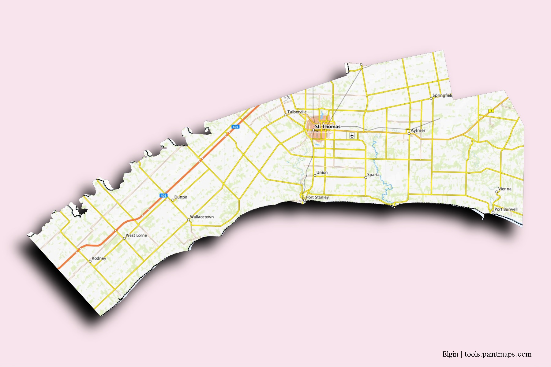 Elgin neighborhoods and villages map with 3D shadow effect