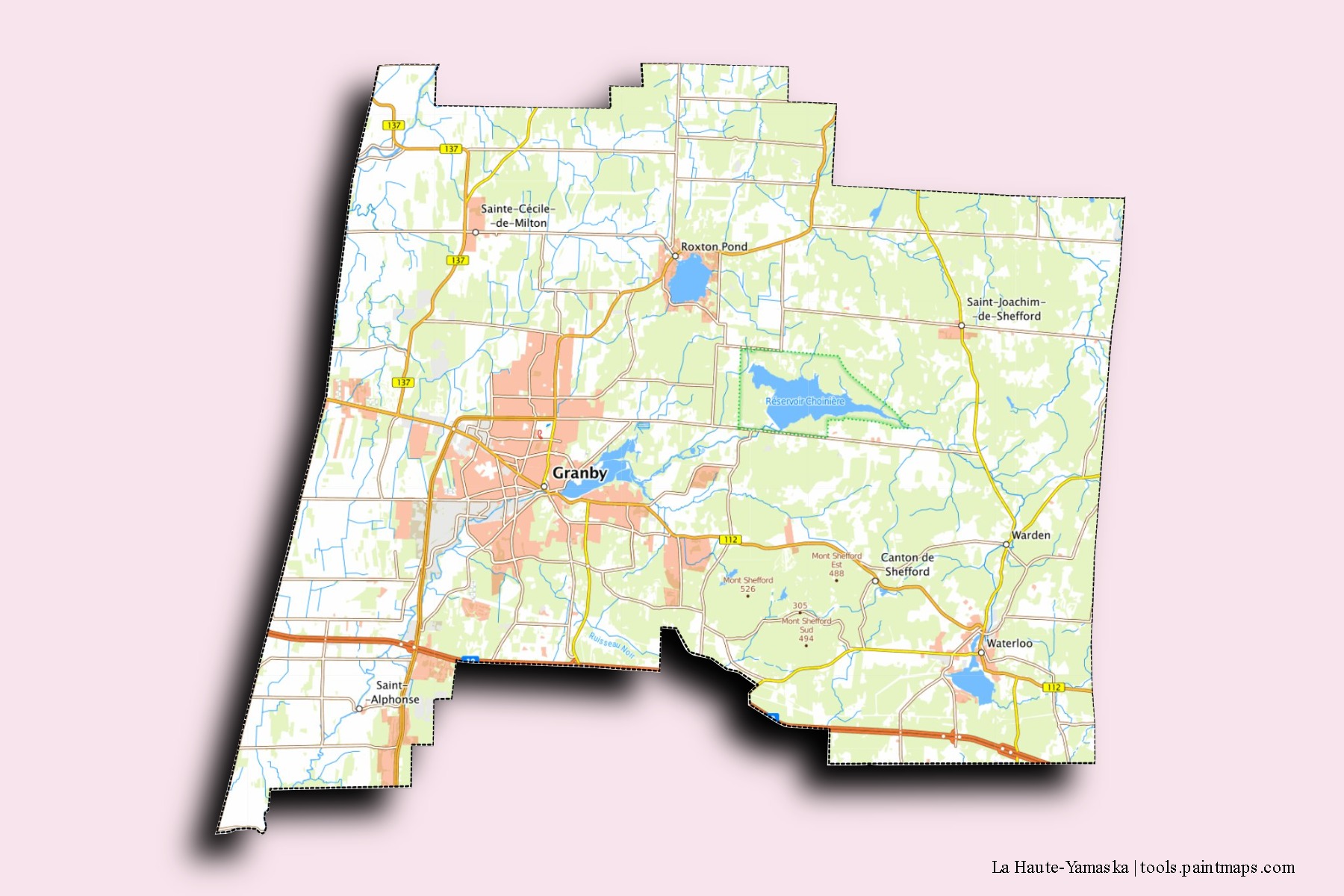 Mapa de barrios y pueblos de La Haute-Yamaska con efecto de sombra 3D