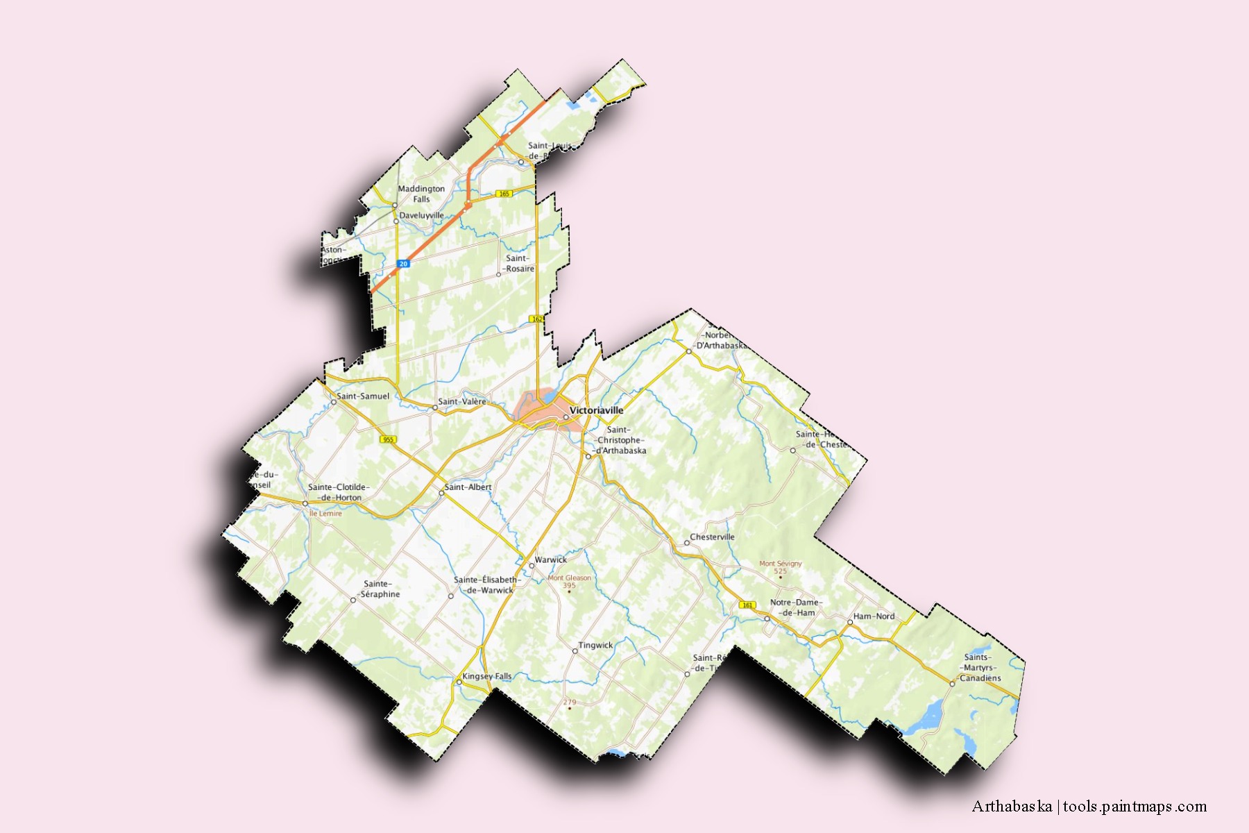 Mapa de barrios y pueblos de Arthabaska con efecto de sombra 3D