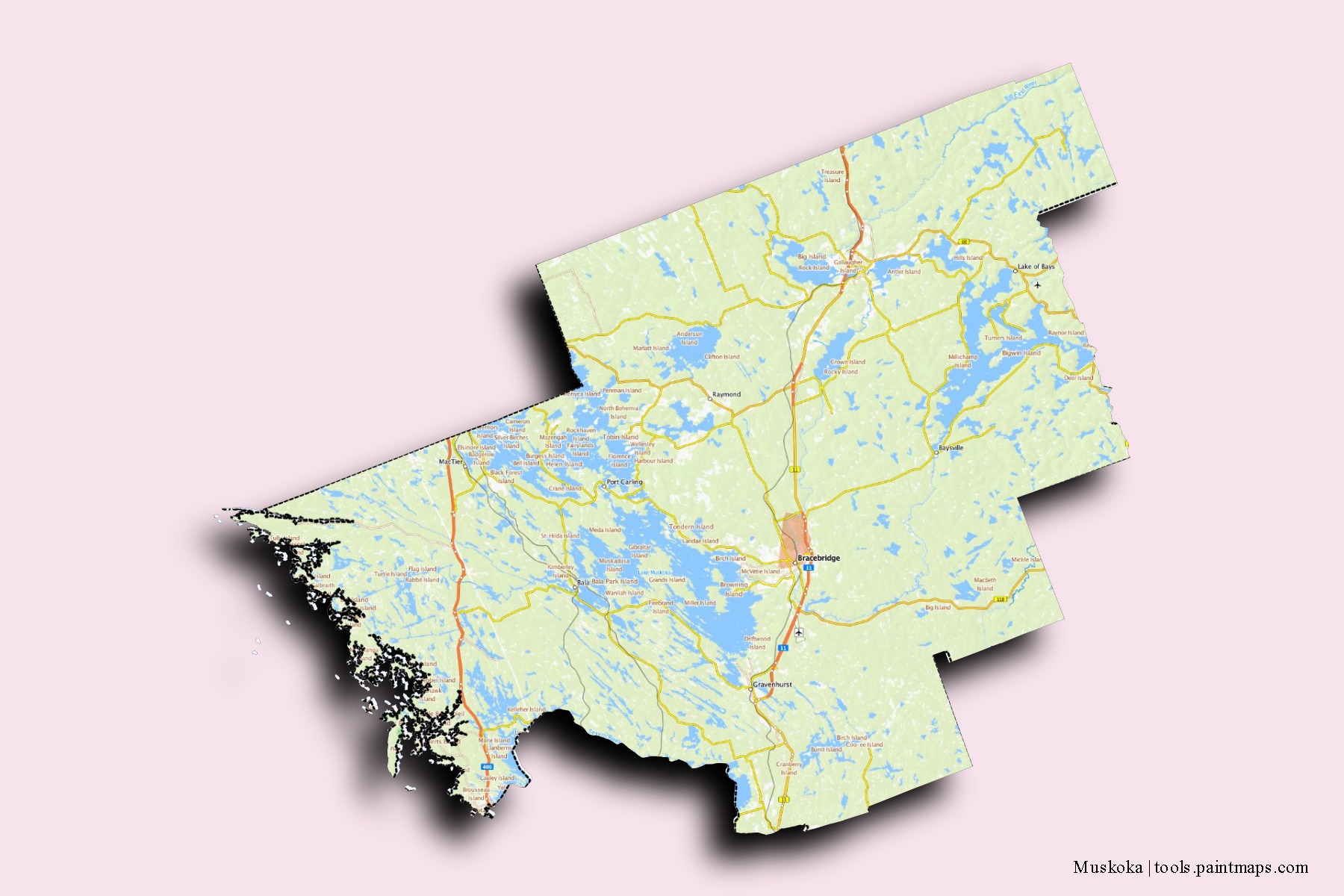 Mapa de barrios y pueblos de Muskoka con efecto de sombra 3D