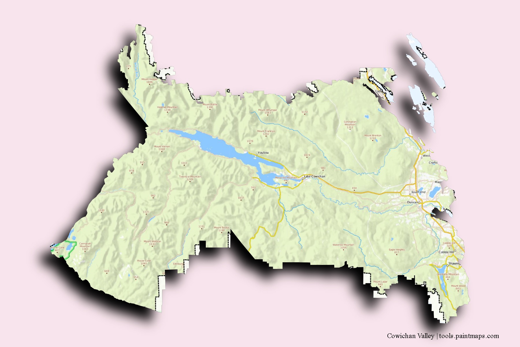 3D gölge efektli Cowichan Valley mahalleleri ve köyleri haritası