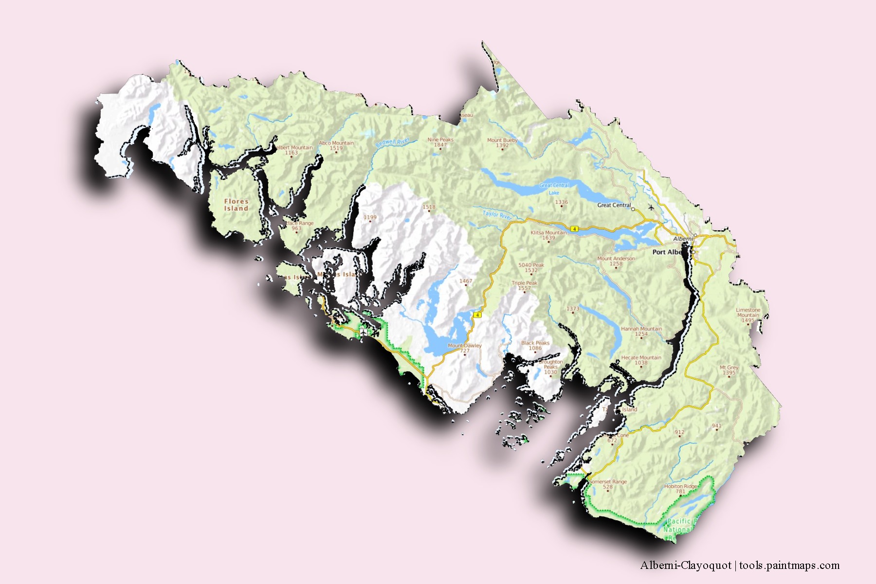 Alberni-Clayoquot neighborhoods and villages map with 3D shadow effect