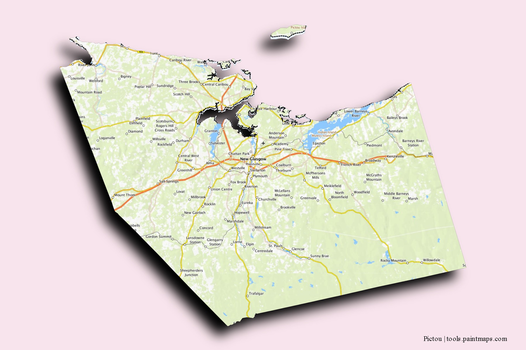 Mapa de barrios y pueblos de Pictou con efecto de sombra 3D