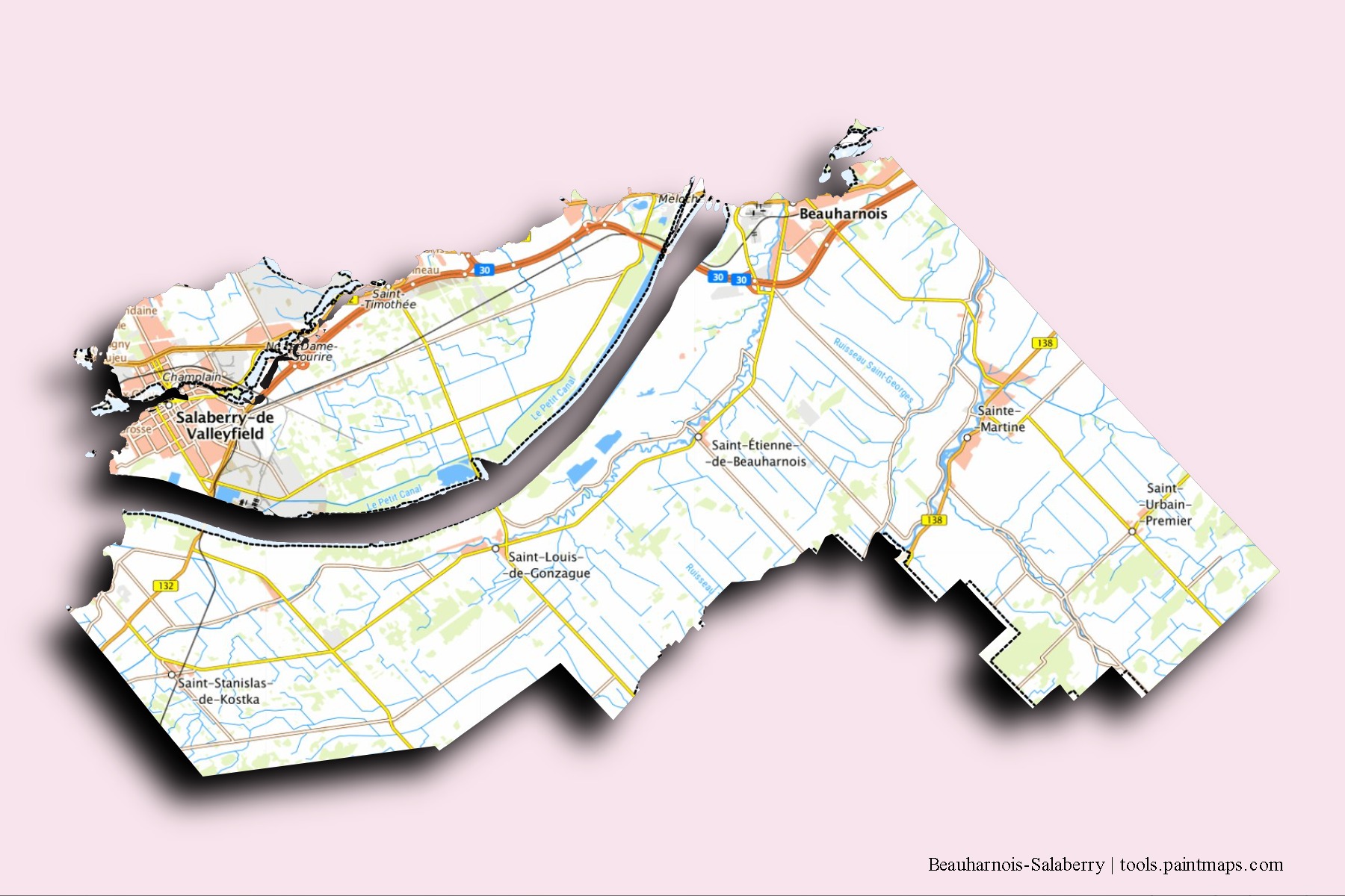 Mapa de barrios y pueblos de Beauharnois-Salaberry con efecto de sombra 3D