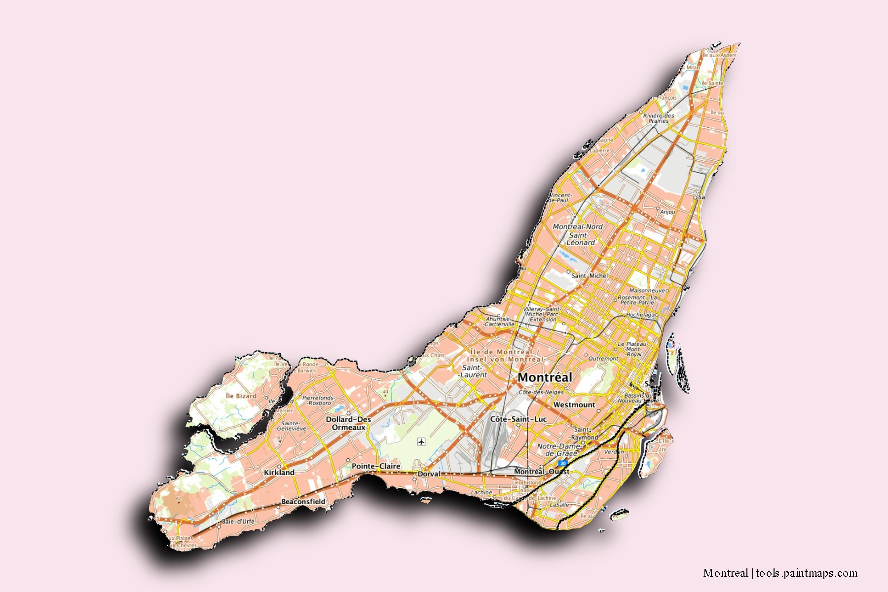 Mapa de barrios y pueblos de Montreal con efecto de sombra 3D