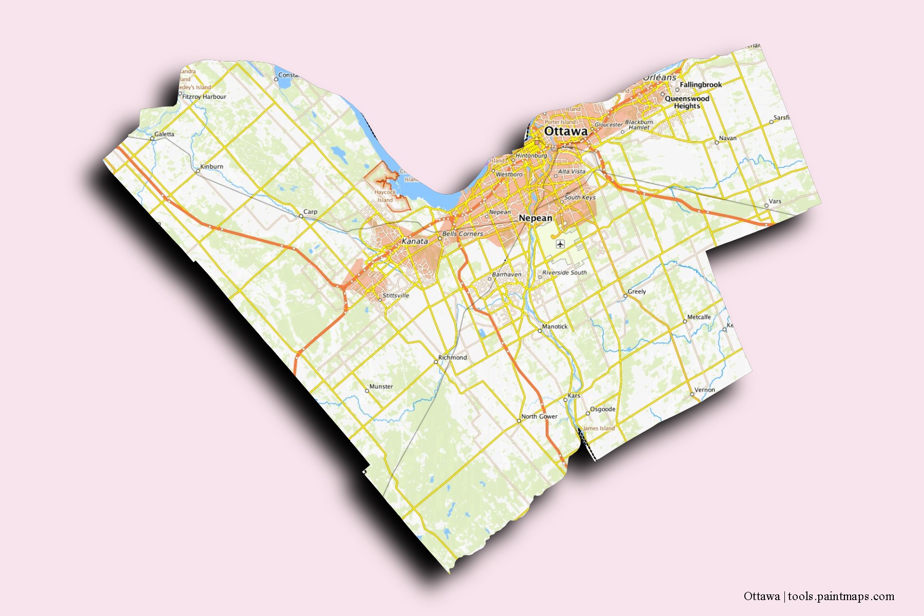 Mapa de barrios y pueblos de Ottawa con efecto de sombra 3D