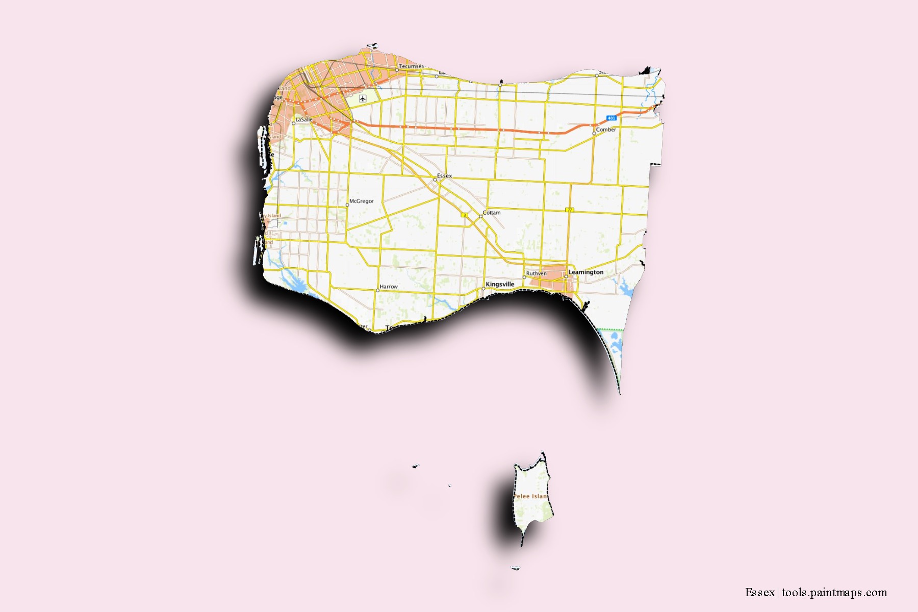 Mapa de barrios y pueblos de Essex con efecto de sombra 3D