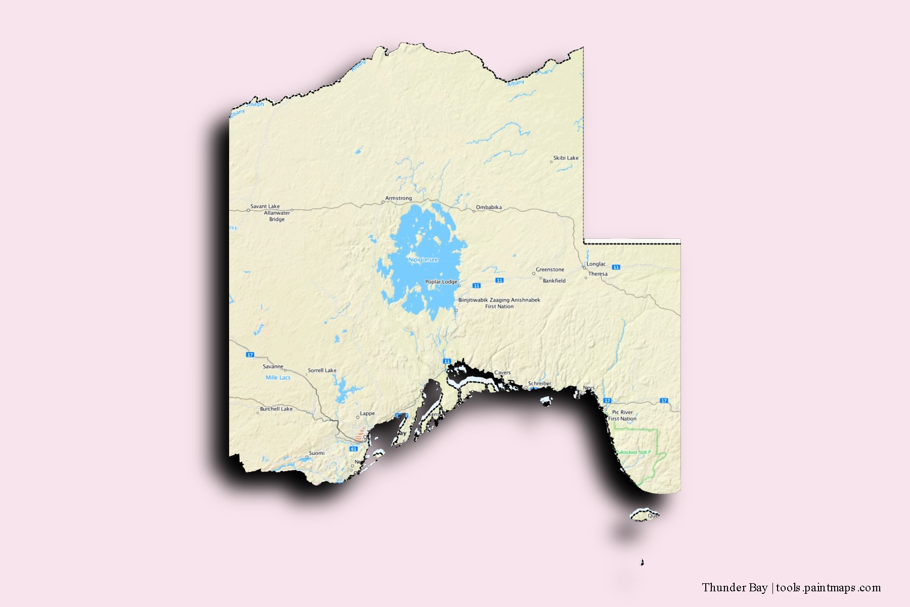 3D gölge efektli Thunder Bay mahalleleri ve köyleri haritası