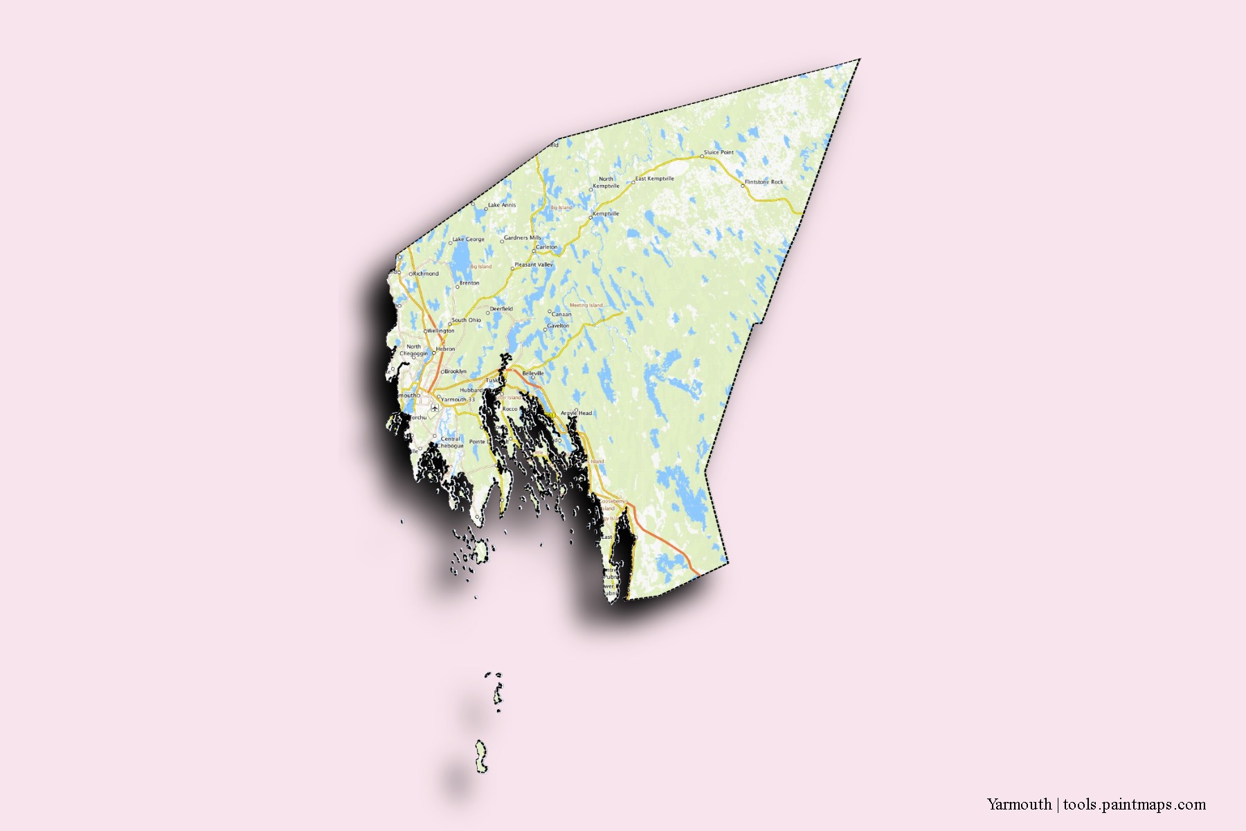 Mapa de barrios y pueblos de Yarmouth con efecto de sombra 3D