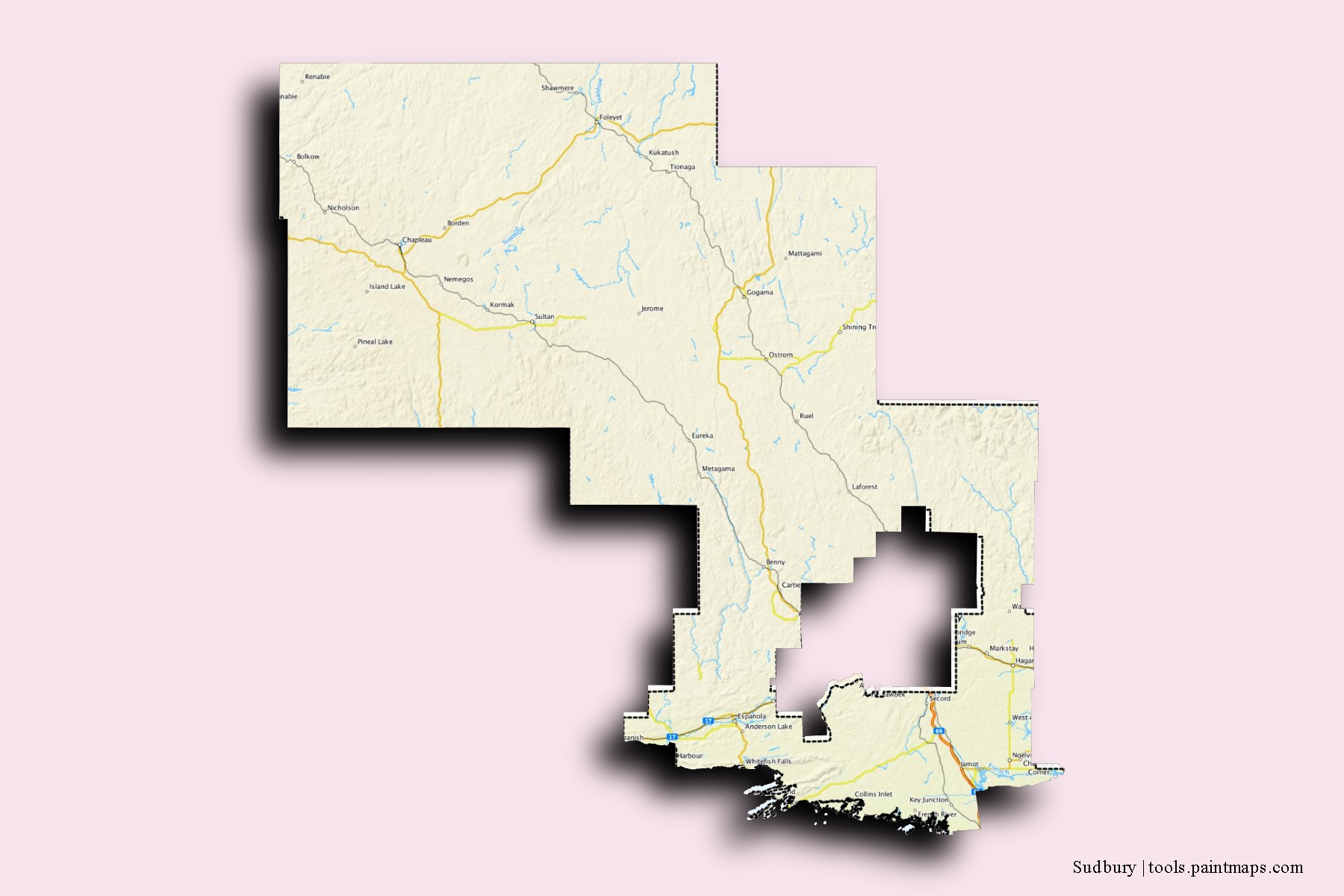 Mapa de barrios y pueblos de Sudbury con efecto de sombra 3D