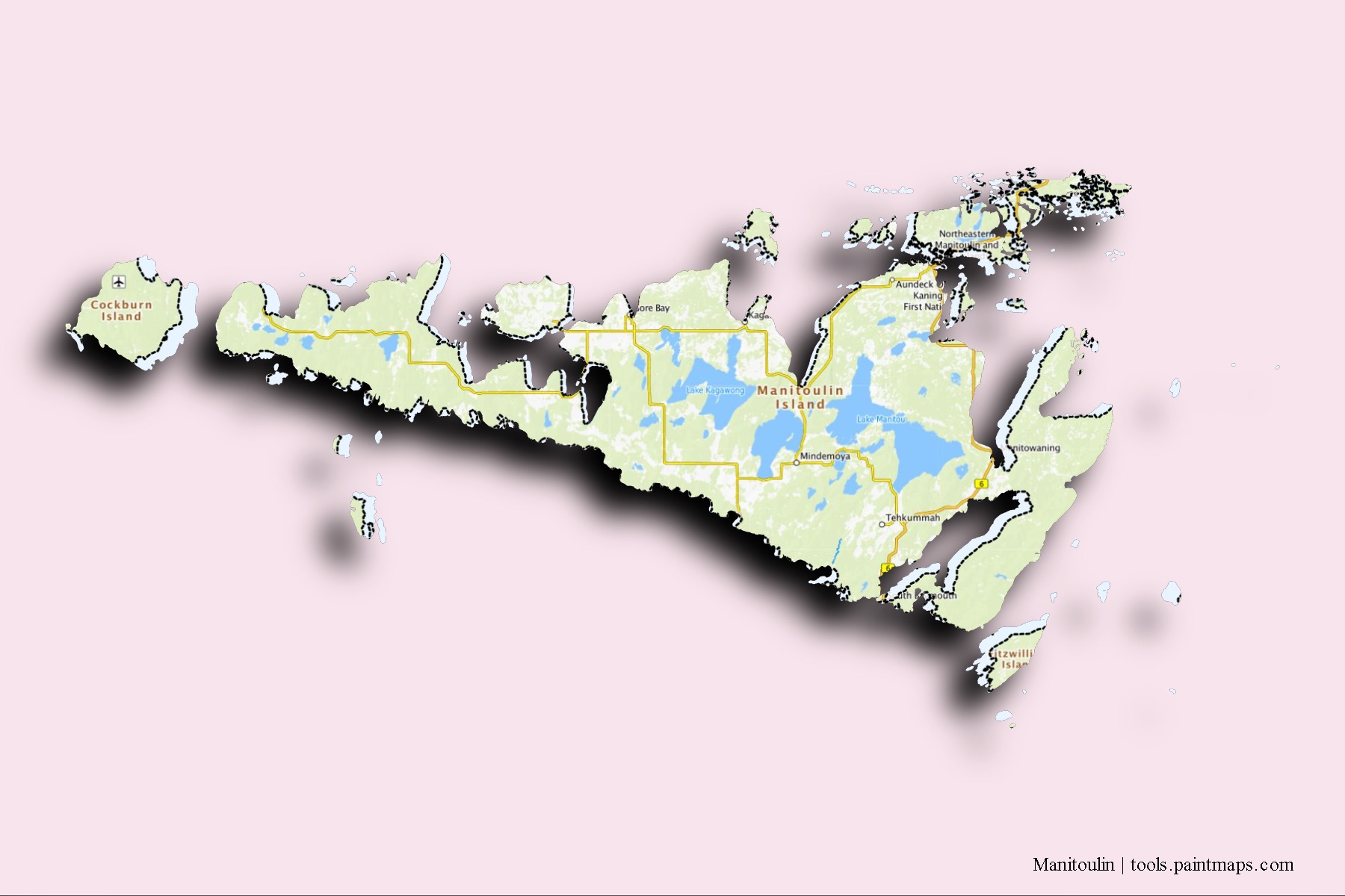 3D gölge efektli Manitoulin mahalleleri ve köyleri haritası