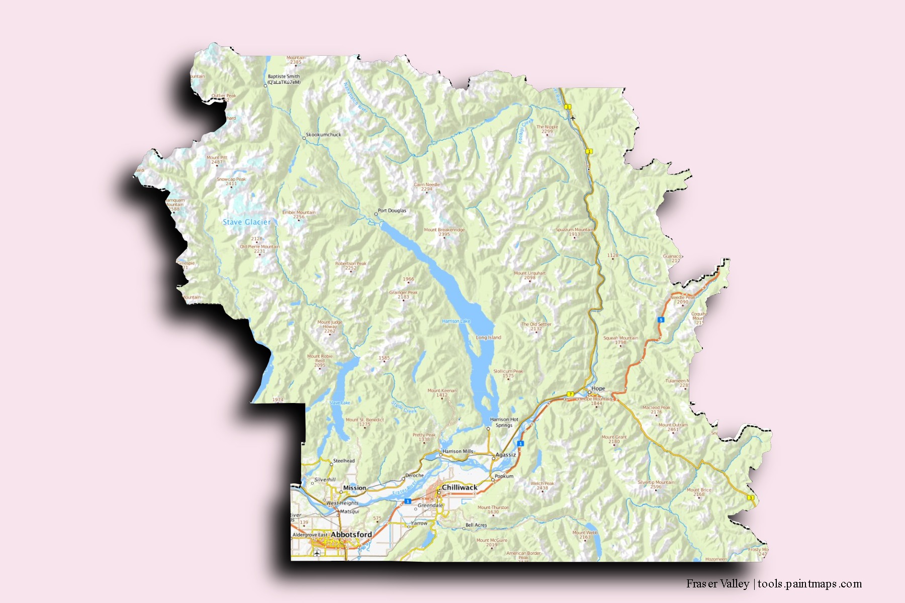 Mapa de barrios y pueblos de Fraser Valley con efecto de sombra 3D