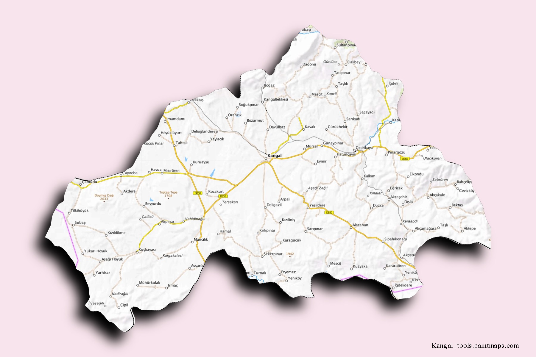 Mapa de barrios y pueblos de Kangal con efecto de sombra 3D