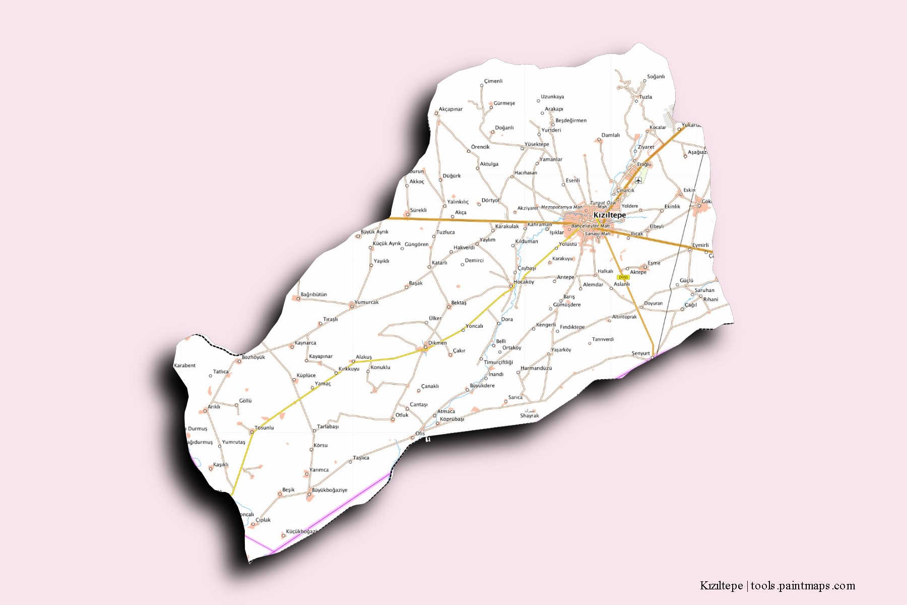 Mapa de barrios y pueblos de Kızıltepe con efecto de sombra 3D