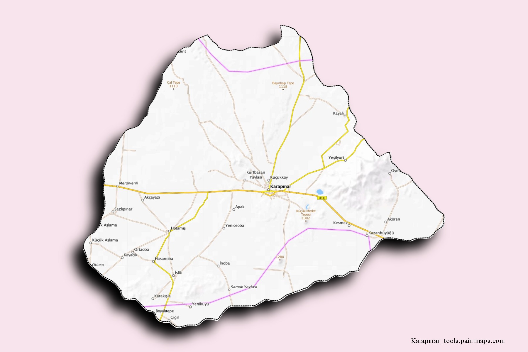 Mapa de barrios y pueblos de Karapınar con efecto de sombra 3D