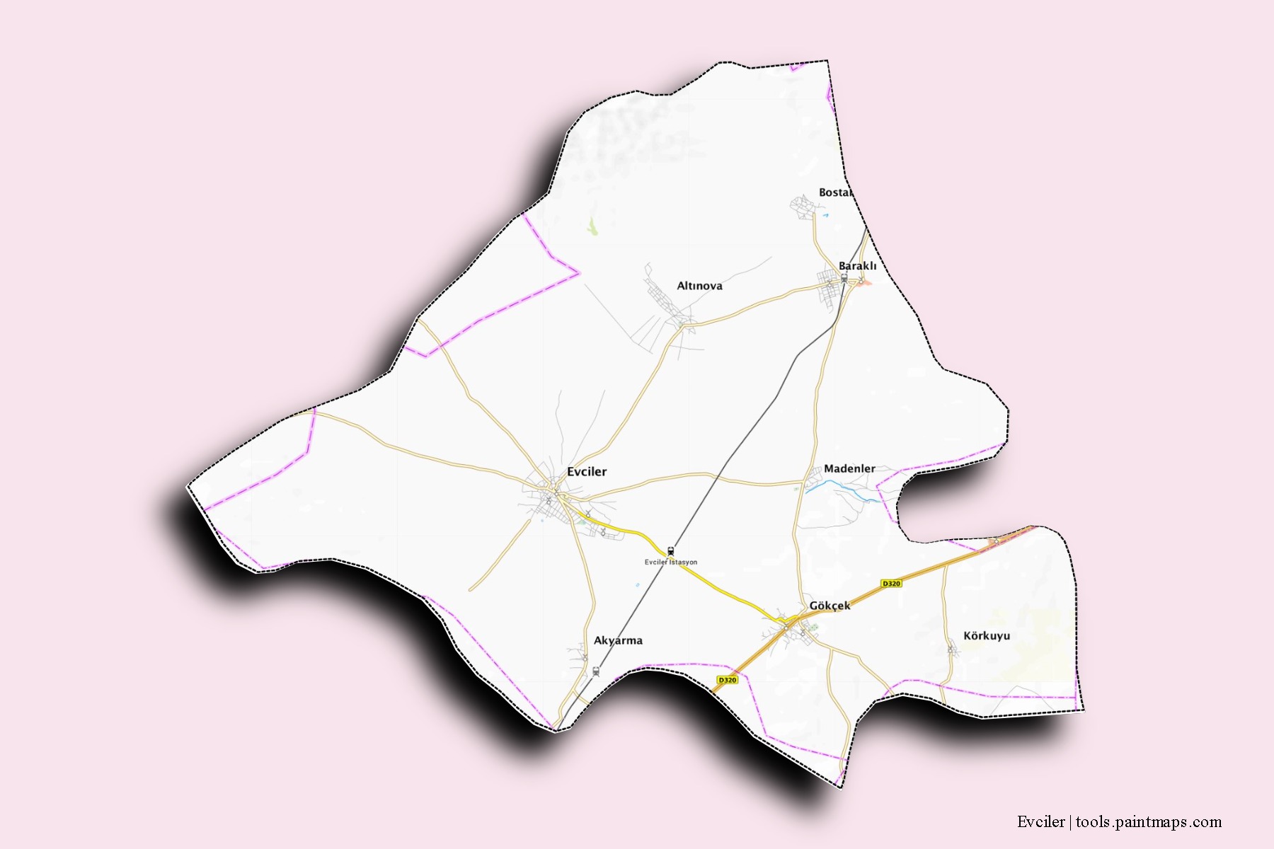 Mapa de barrios y pueblos de Evciler con efecto de sombra 3D