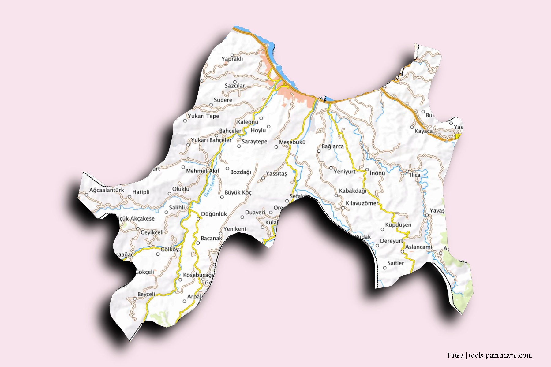 Mapa de barrios y pueblos de Fatsa con efecto de sombra 3D